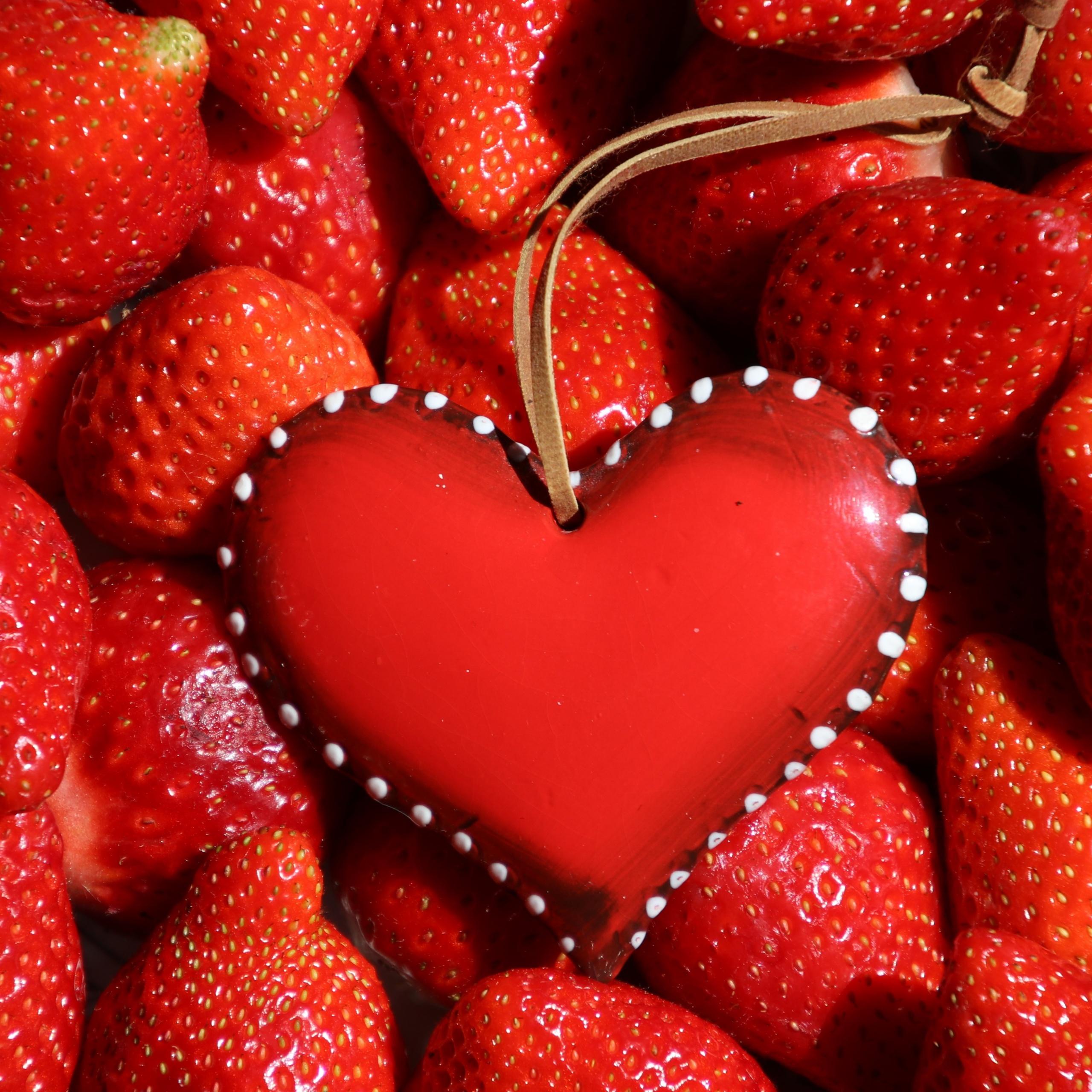 2560x2560 Red heart Wallpaper 4K, Strawberries, Fruits, Fresh, Red background, 5K, Food
