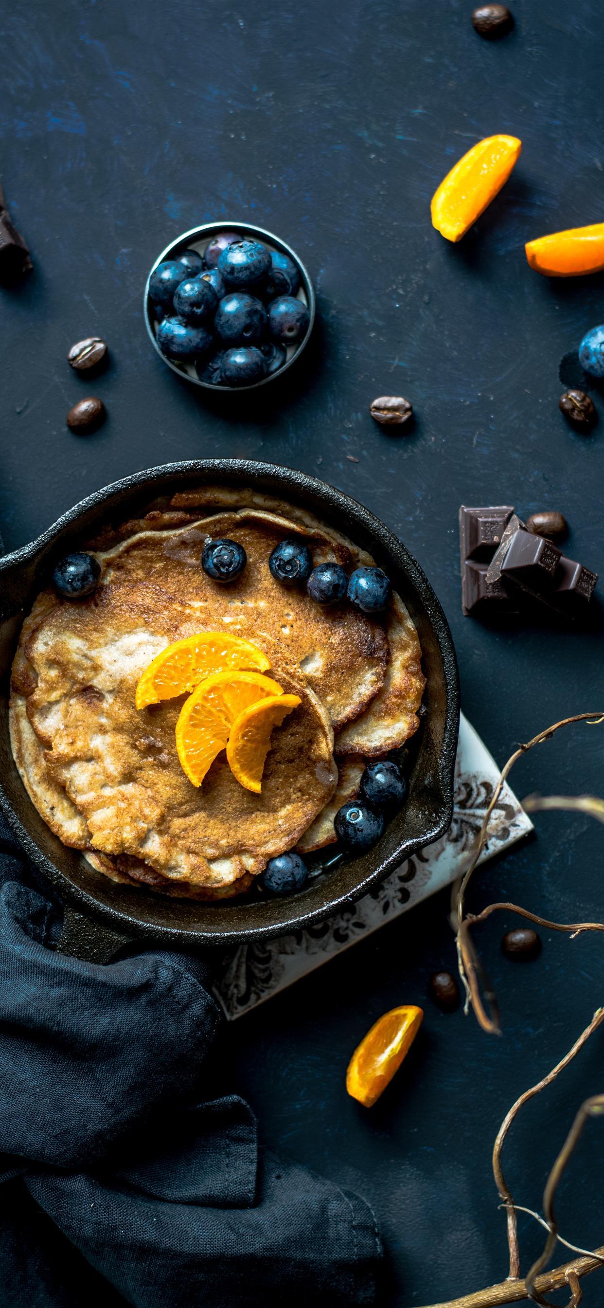 1242x2688 Pancakes with orange and blueberries iPhone X Wallpaper Free Download
