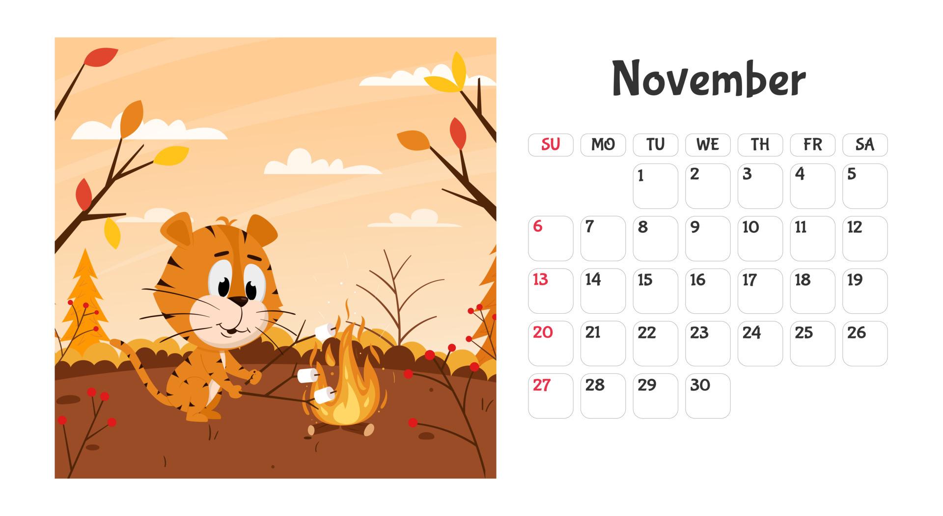 1920x1051 Horizontal desktop calendar page template for November 2022 with a cartoon Chinese year symbol. The week starts on Sunday. Tiger roasts marshmallows on fire