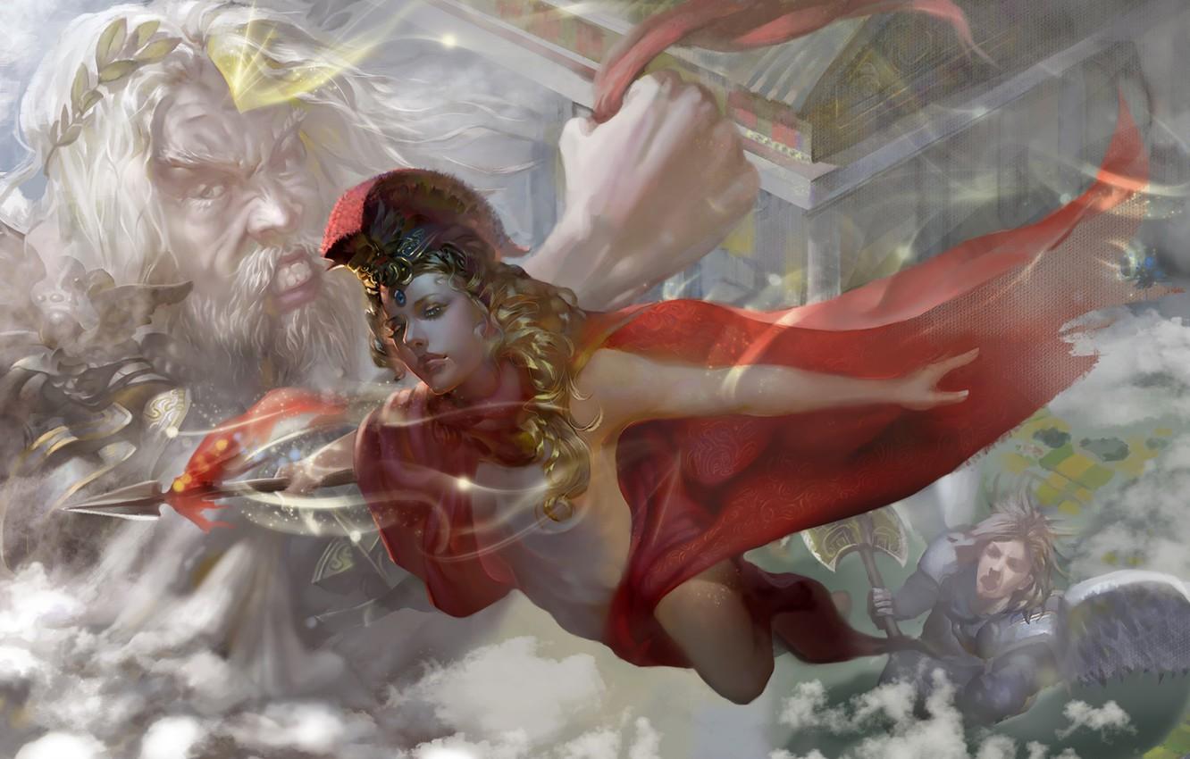 1332x850 Wallpaper fantasy, magic, digital art, artwork, warrior, fantasy art, goddess, Zeus, cloak, Athena, mythology, god, pearls, cape, goddess of wisdom, father of gods image for desktop, section фантастика