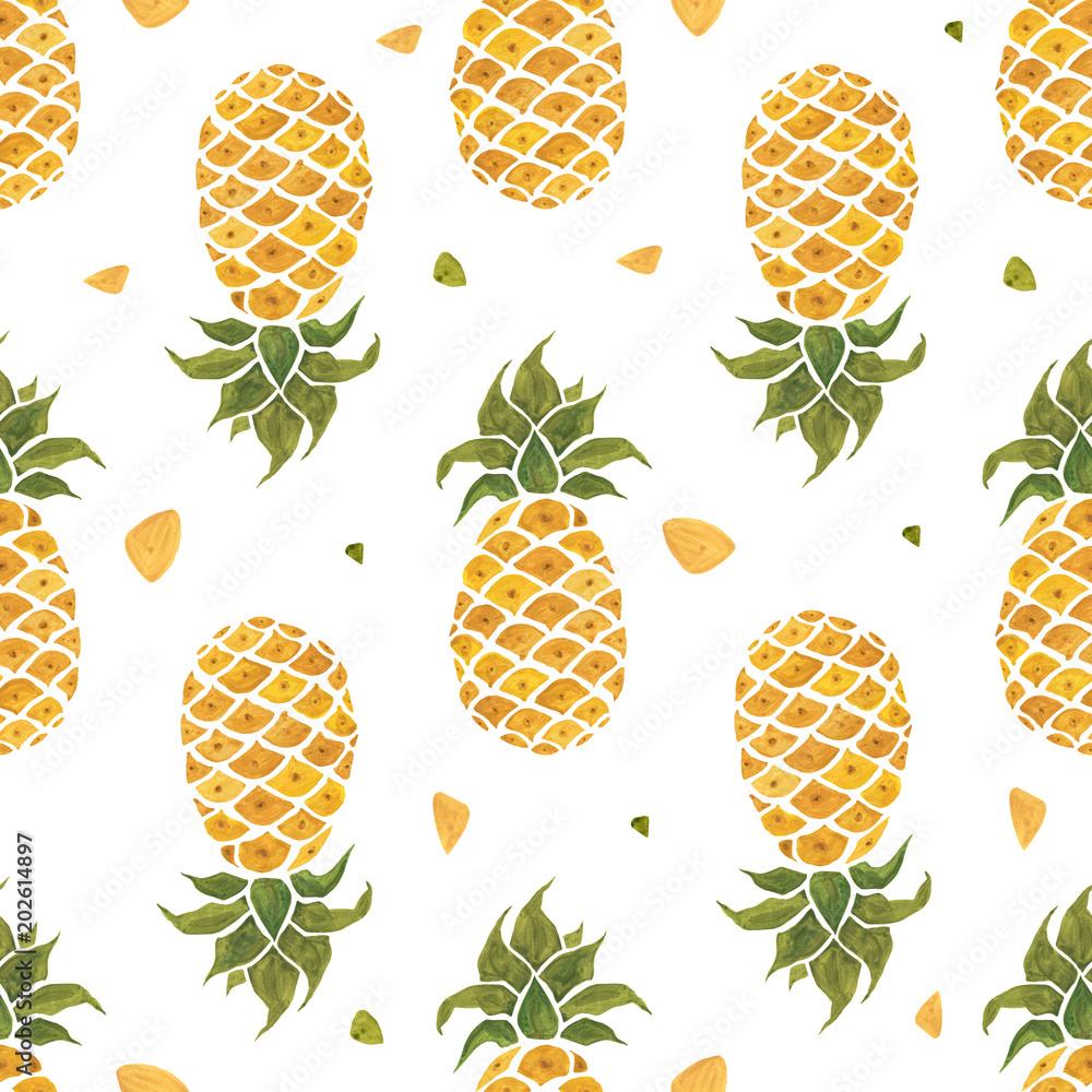 1000x1000 Pineapple background. Hand Drawn illustration. Watercolor Seamless pattern Stock Illustration