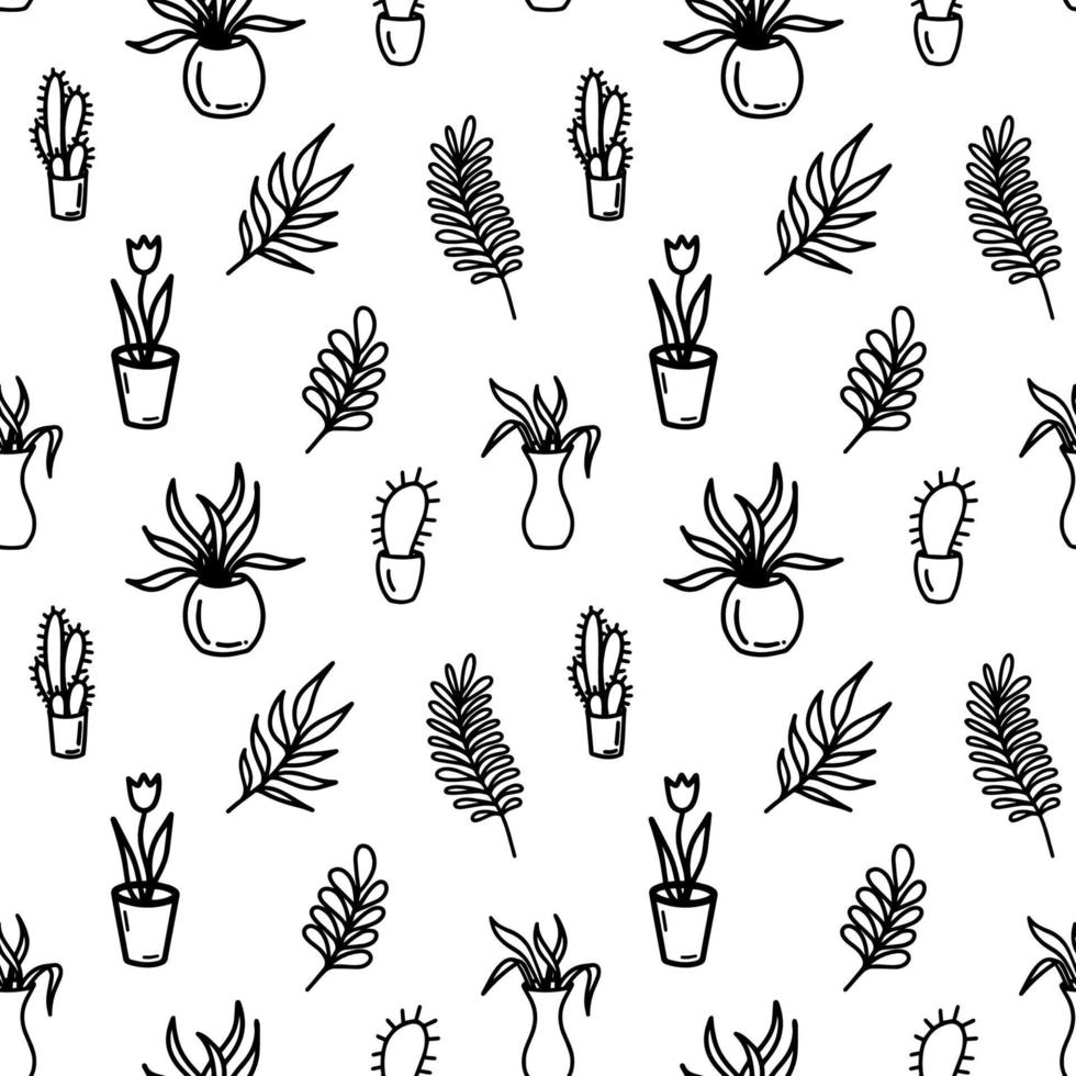 980x980 Abstract flower seamless pattern with leaves and dots. Doodle cute black and white background. Summer monochrome simple print. Hand drawn flowers in pots. Black and white wallpaper, cactus, tulip 7538443 Vector Art
