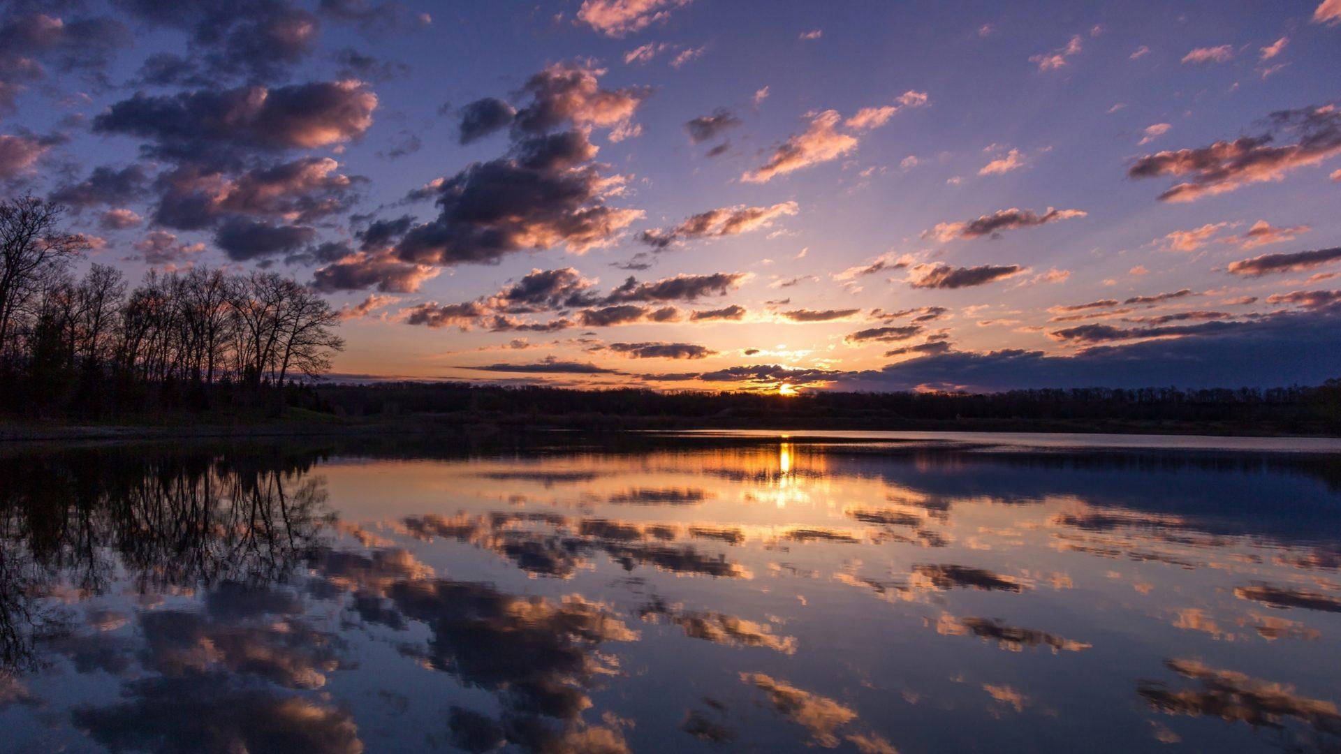 1920x1080 Sunrise HD Wallpaper Lake Forest Dark Clouds