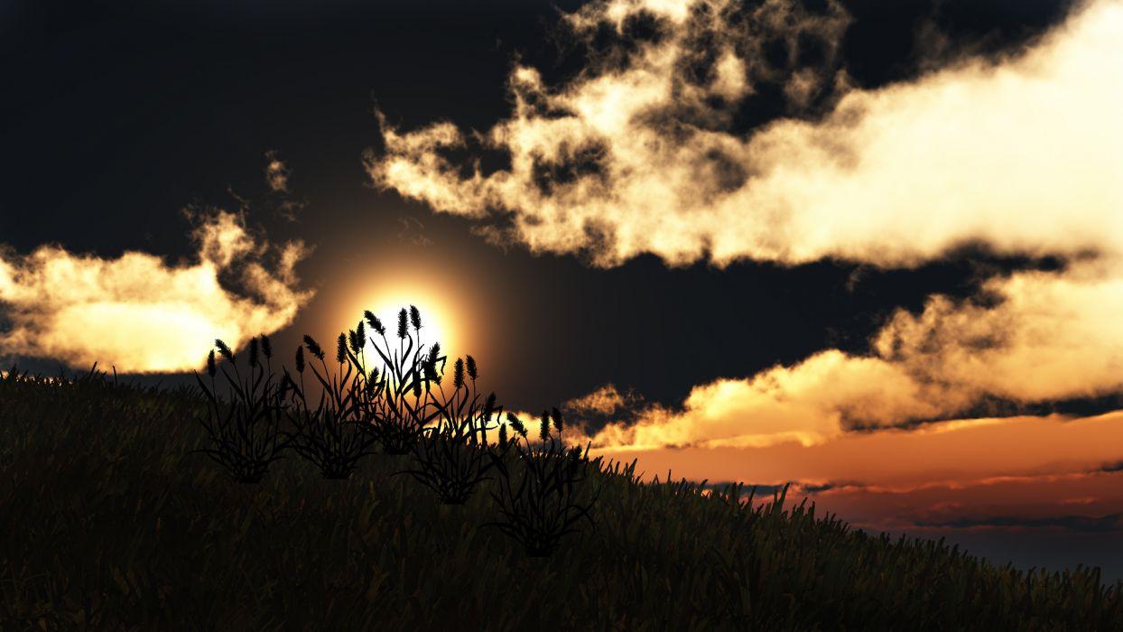 1244x700 Nature landscapes sunset sunrise grass dark clouds skies wallpaperx1080