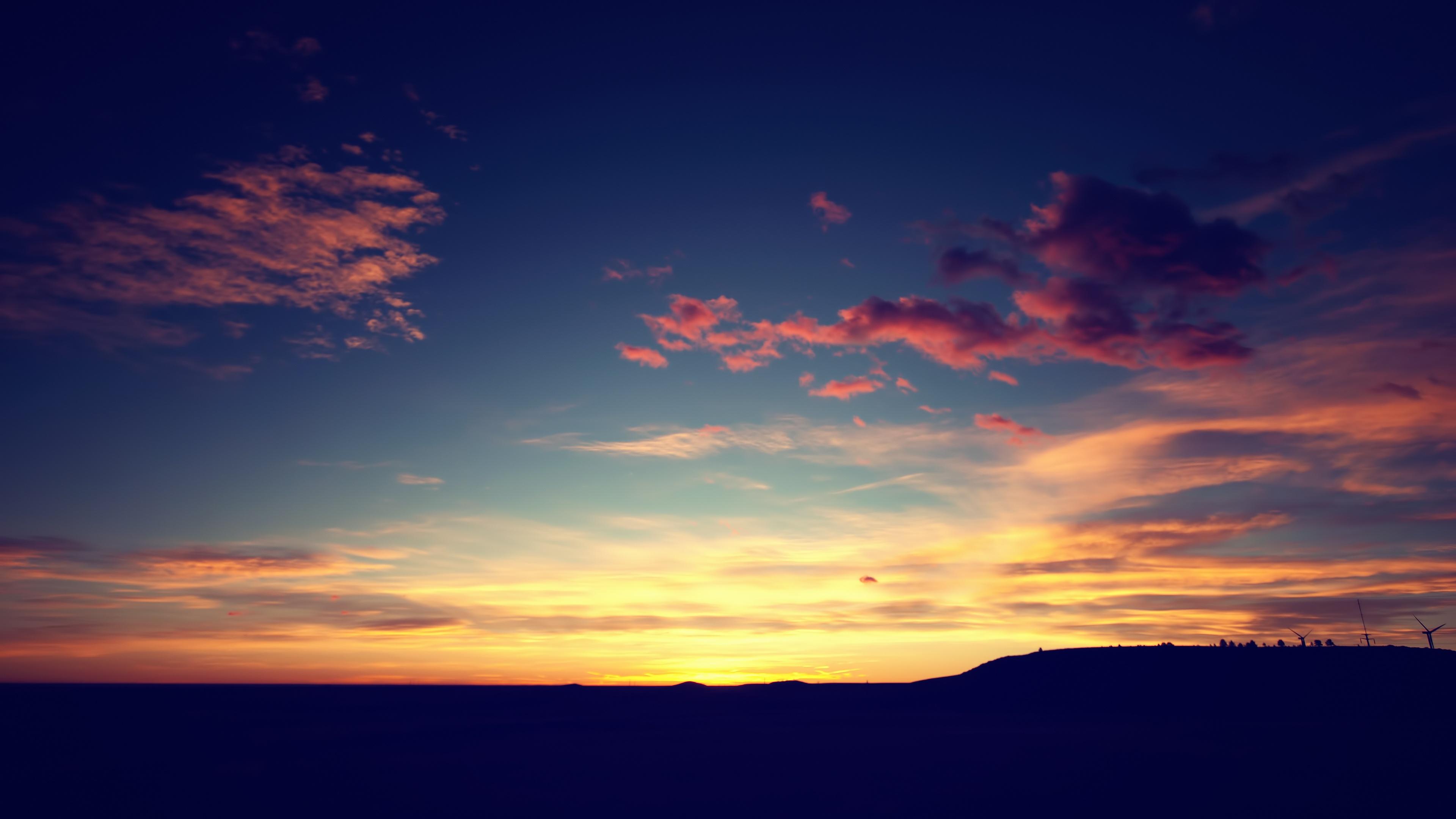 3840x2160 Sunset Wallpaper 4K, Landscape, Silhouette, Clouds, Dusk, Orange sky, Nature