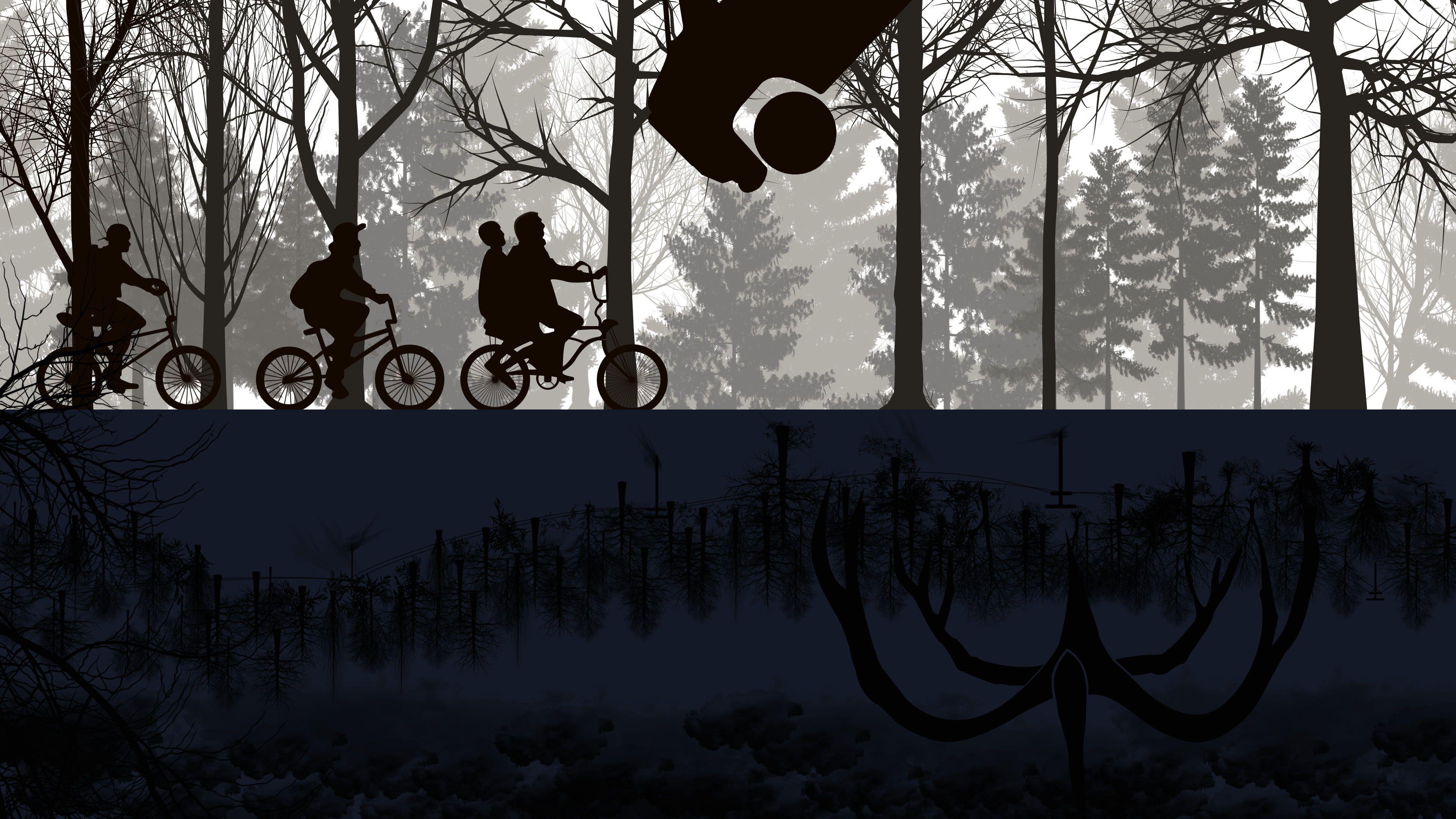 3840x2160 silhouette of four people riding bikes digital wallpaper Stranger Things #Netflix #TV #bicycle. Stranger things upside down, Stranger things, Stranger things art