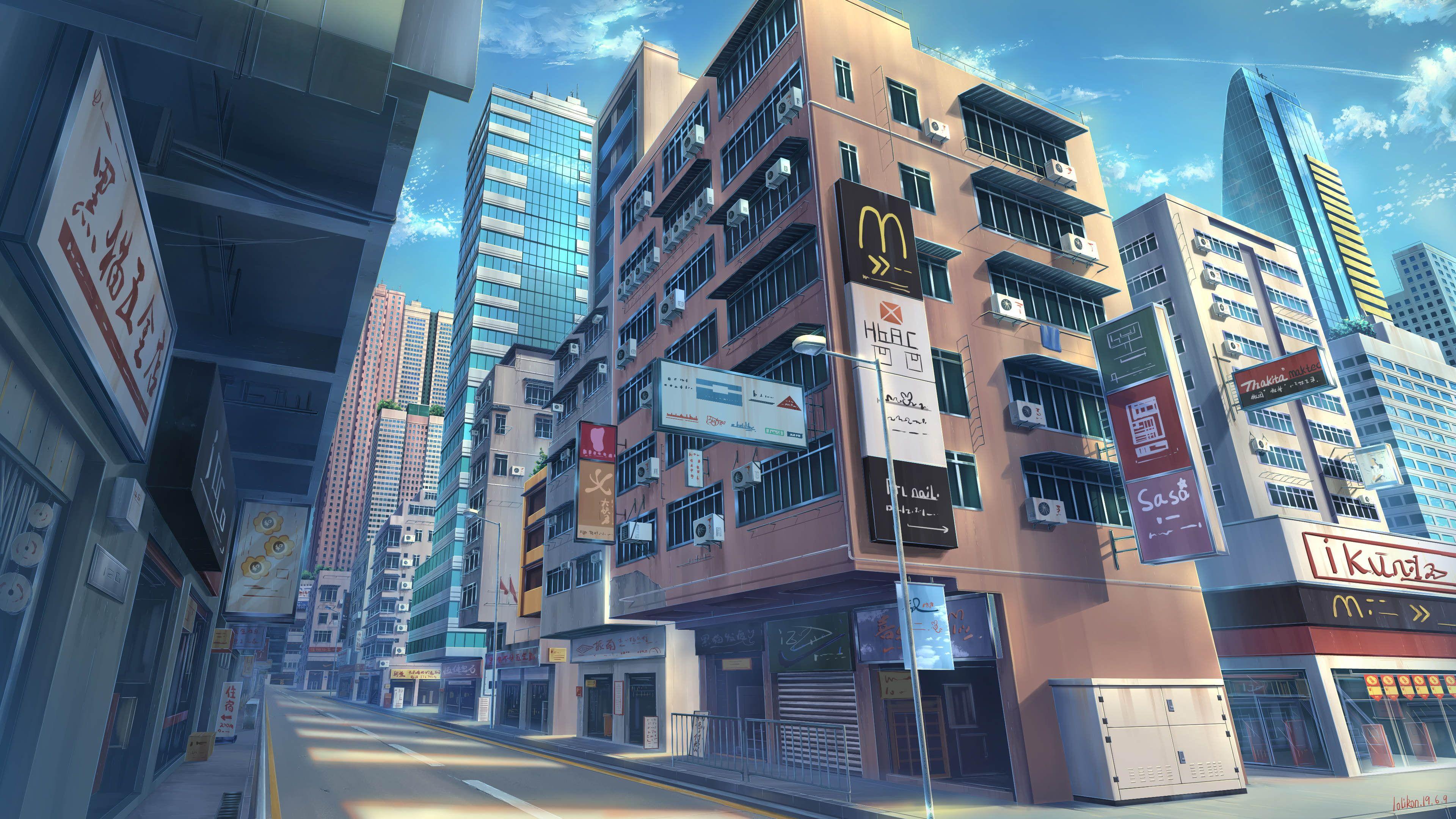 3840x2160 Anime #Original #Building #City Original (Anime) #Street K #wallpaper #hdwallpaper #desktop. Anime city, City background, Anime scenery
