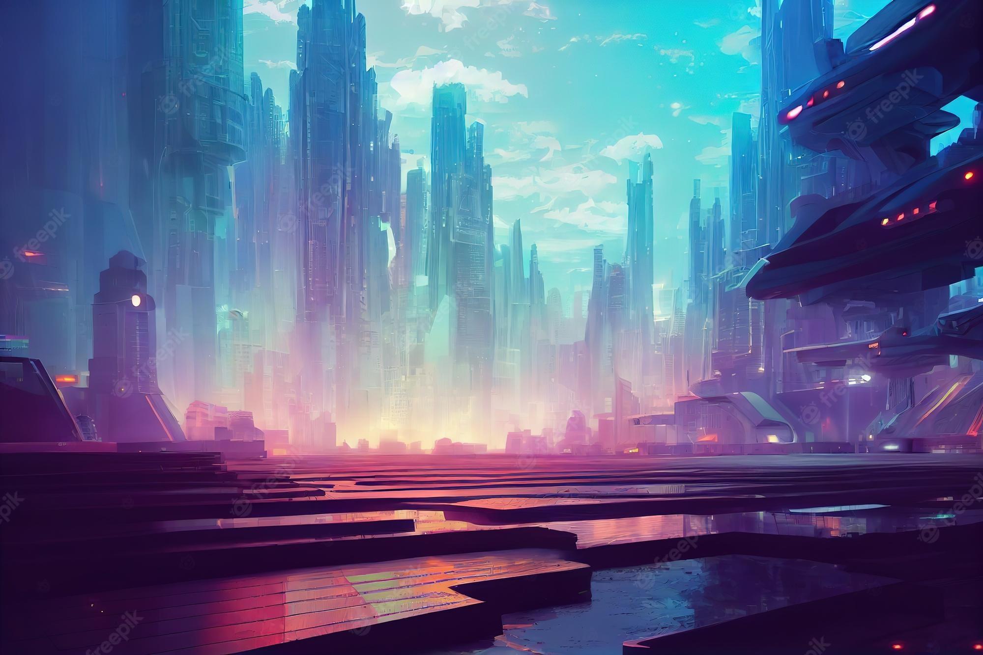 2000x1334 Premium Photo. Colorful cyberpunk metaverse city background in anime style concept art digital painting fantasy illustration