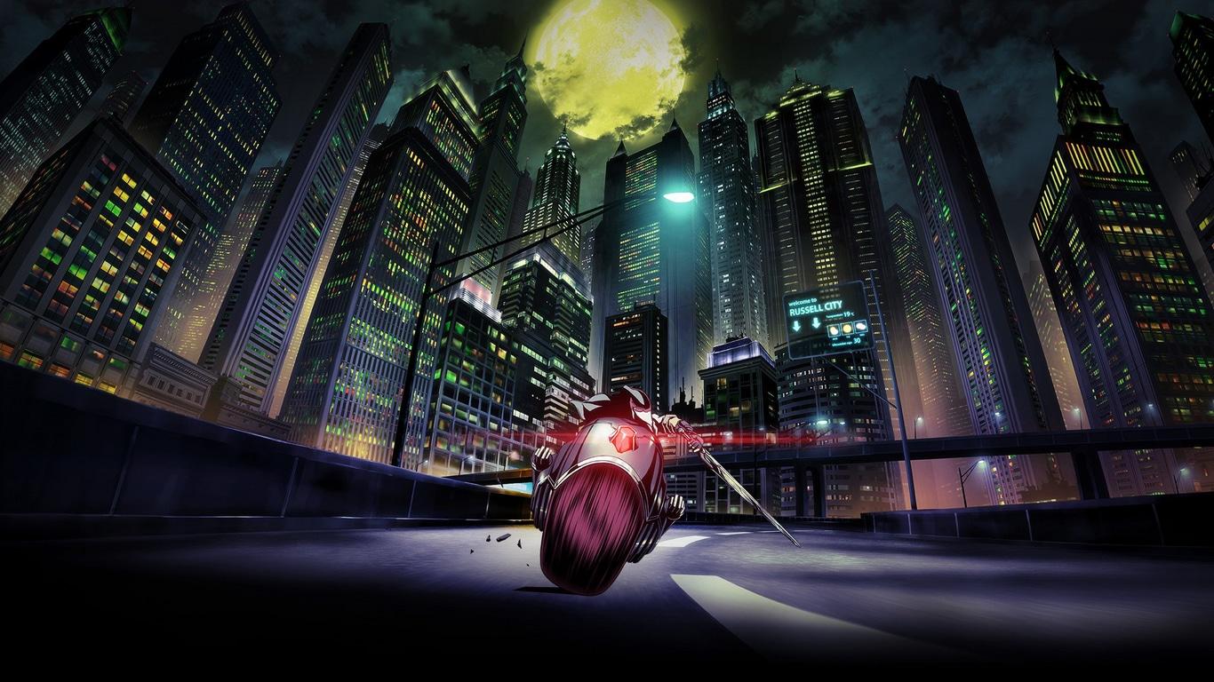 1366x768 Wallpaper / anime, city, moon, motorcycle, artwork, artist, digital art, HD free download