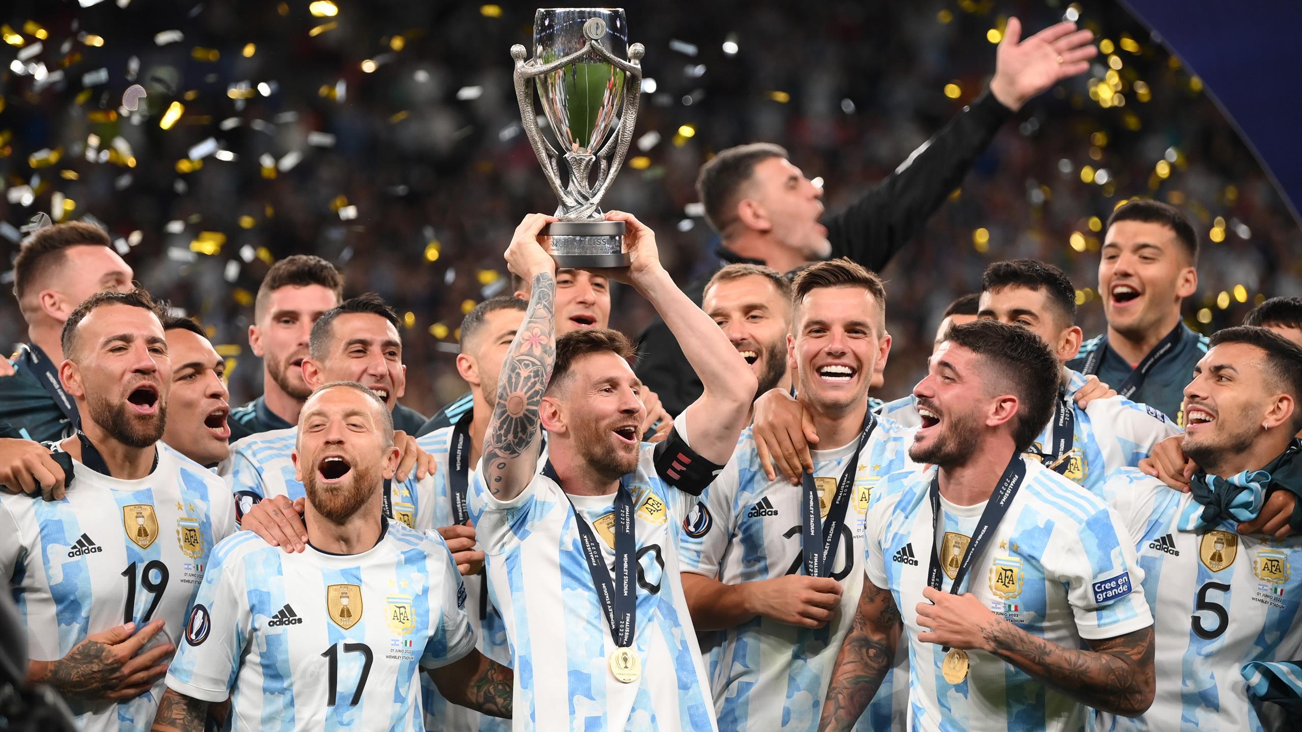 2560x1440 Lionel Messi shines as Lautaro Martinez, Angel Di Maria and Paulo Dybala goals hand Argentina Finalissima win over Italy