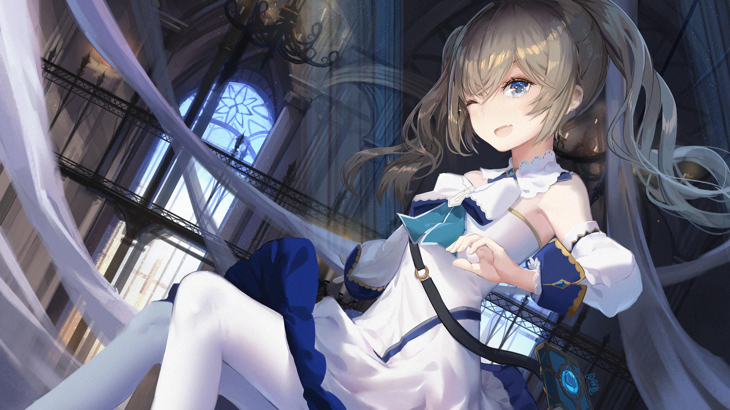 2560x1440 ziran juan genshin impact barbara (genshin impact) dress pantyhose skirt lift wallpaper