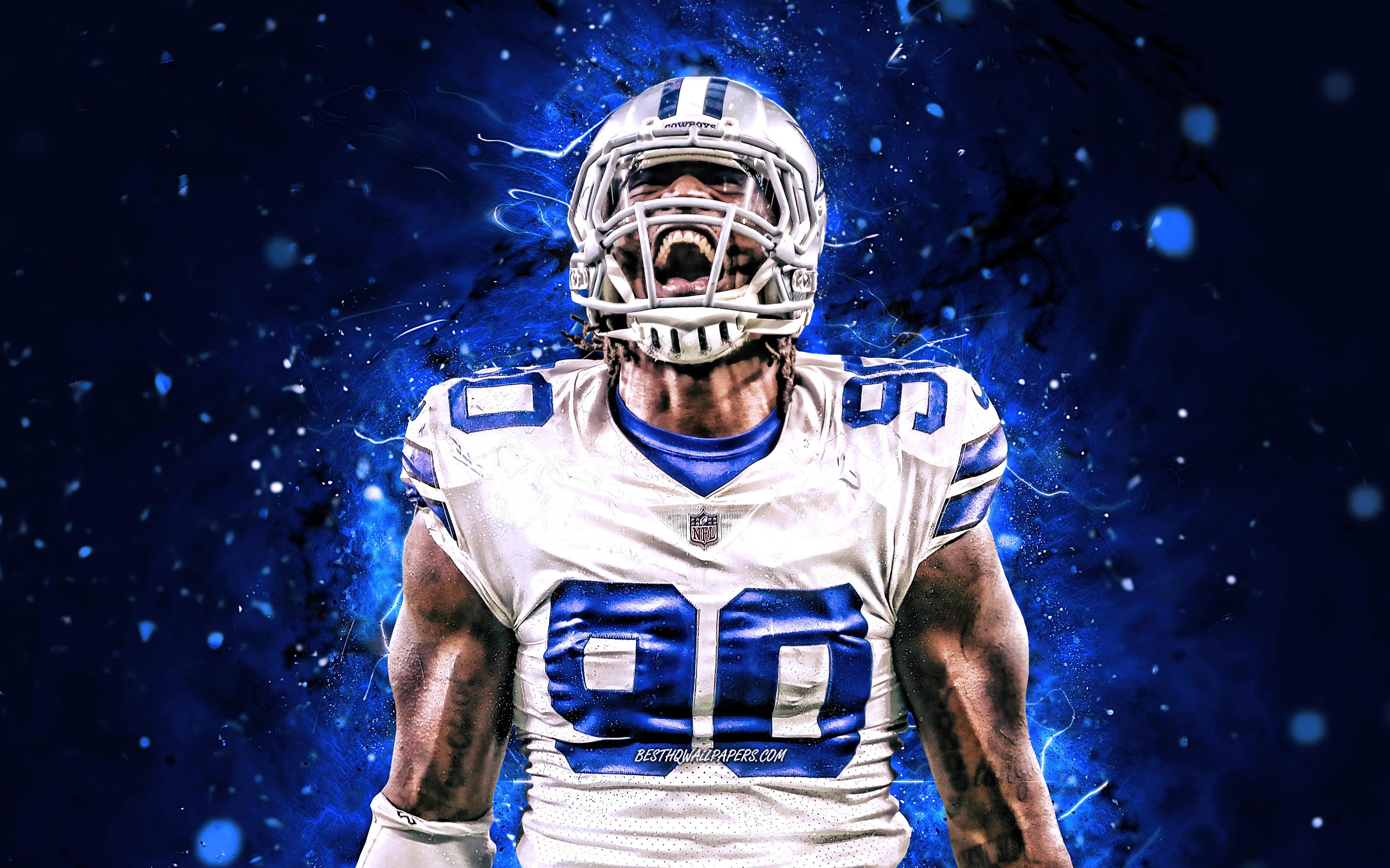 3840x2400 Download wallpaper DeMarcus Lawrence, 4k, linebacker, Dallas Cowboys, american football, NFL, National Football League, neon lights, DeMarcus Lawrence Dallas Cowboys, DeMarcus Lawrence 4K for desktop with resolution 3840x2400. High Quality HD picture