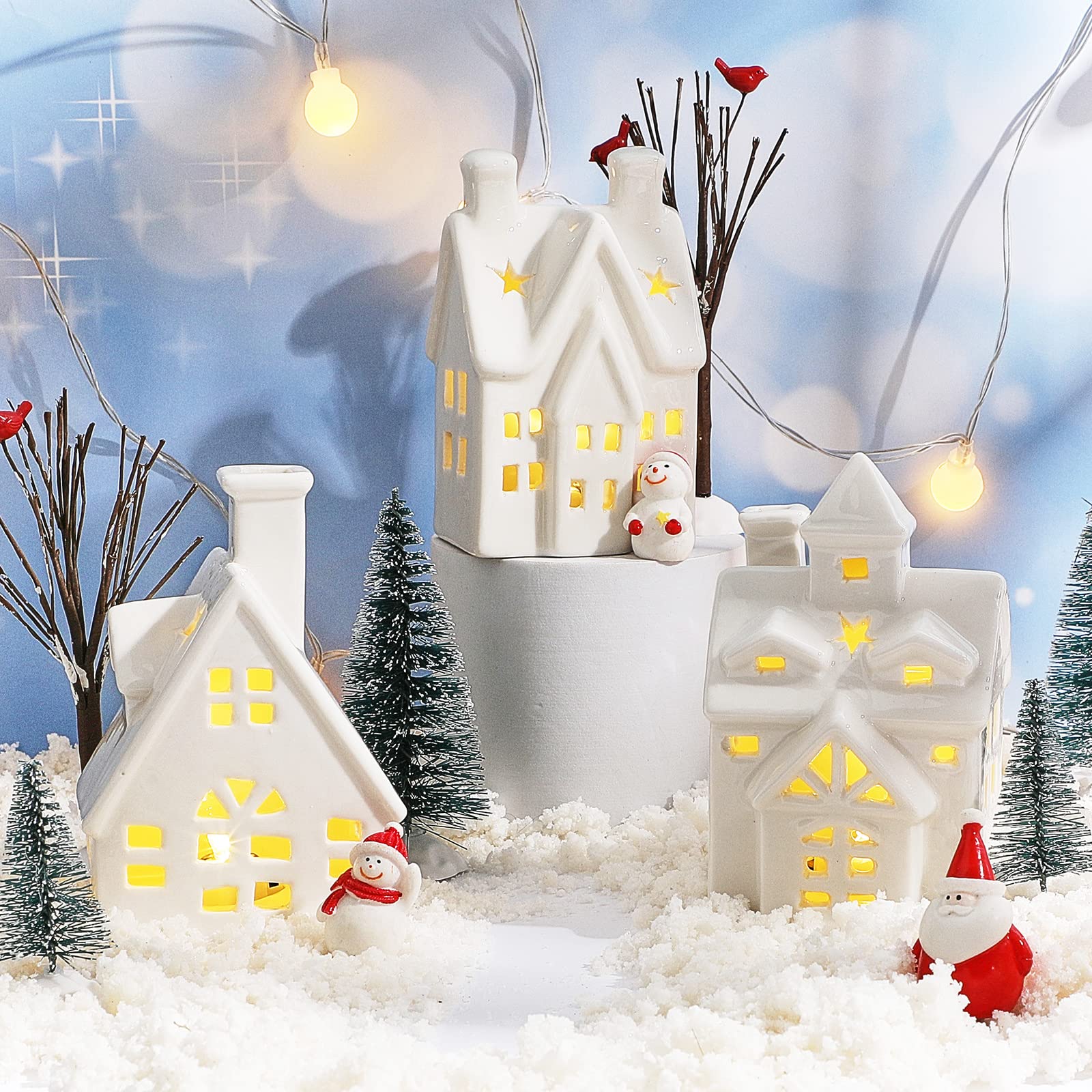 1600x1600 Pcs Christmas Miniature Porcelain Village Sets Tabletop Figurine LED Porcelain House Village House Artificial Snow Tree Red Birds Bare Branch Trees for Xmas Figurine Village Fence Accessories : Home