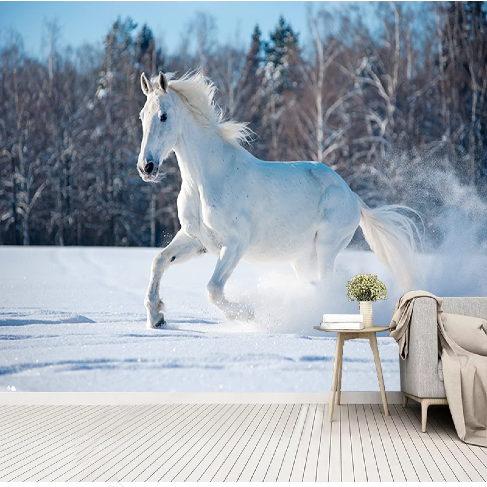 1600x1600 Running White Horse Wall Mural, 3D Winter Snow Forest Photo Wallpaper, Home Decor TV Background Large Art Wall Painting for Living Room Bedroom 157x 110(W x H)(It's not Peel and Stick)