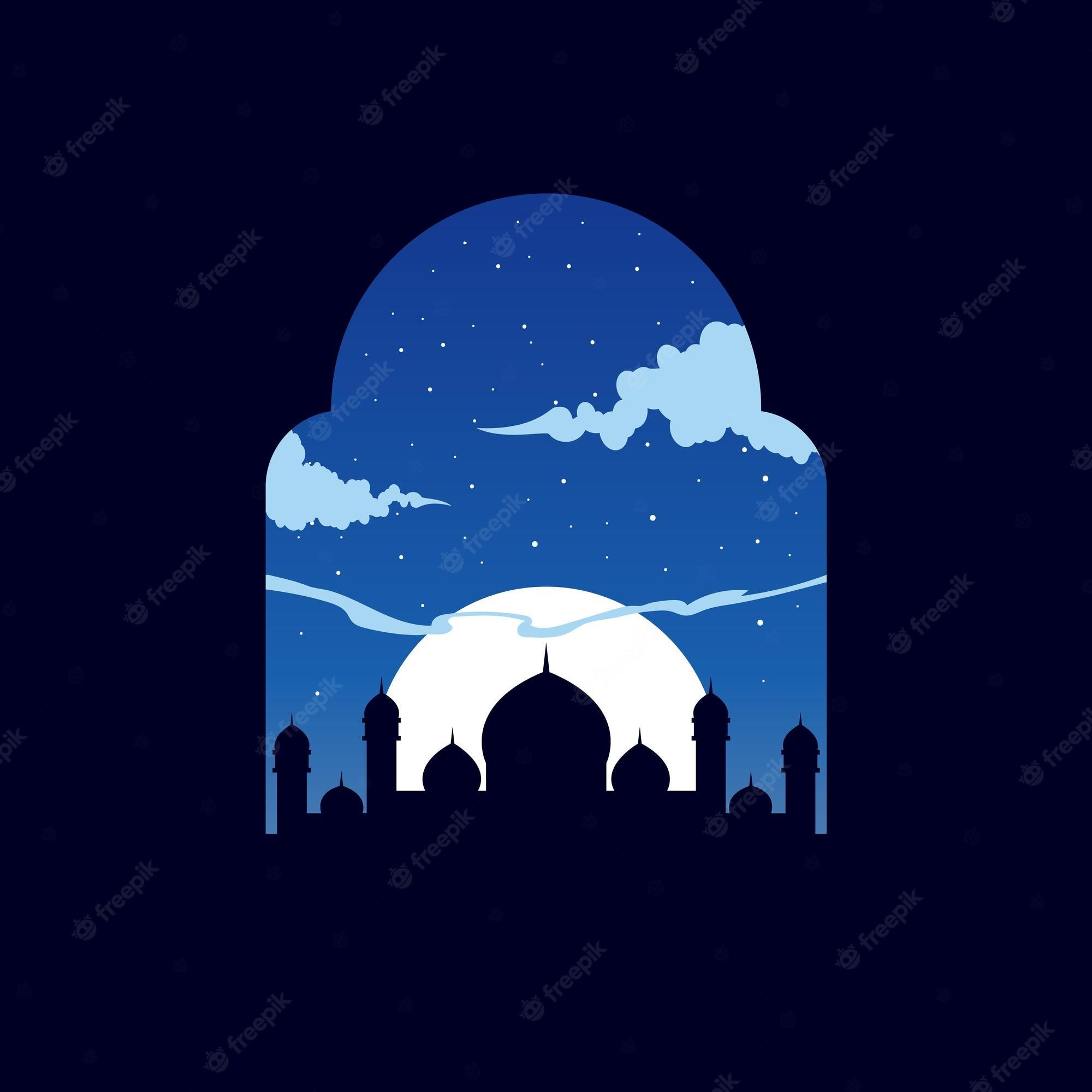 2000x2000 Premium Vector. Islamic mosque in night with white moon and stars beautiful vector wallpaper
