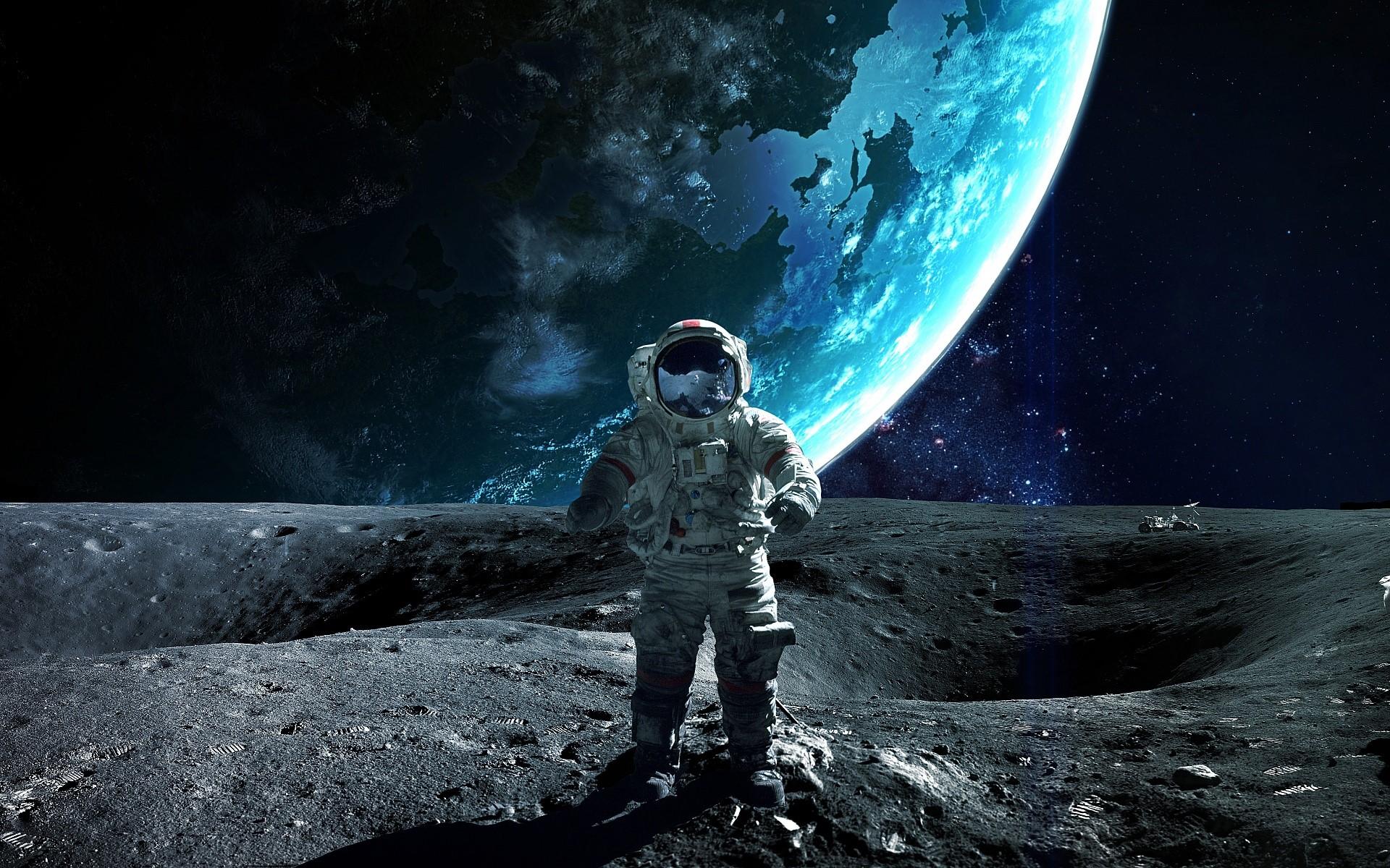 1920x1200 Wallpaper / planet, astronaut, digital art, space, space art, cyan, Moon free download
