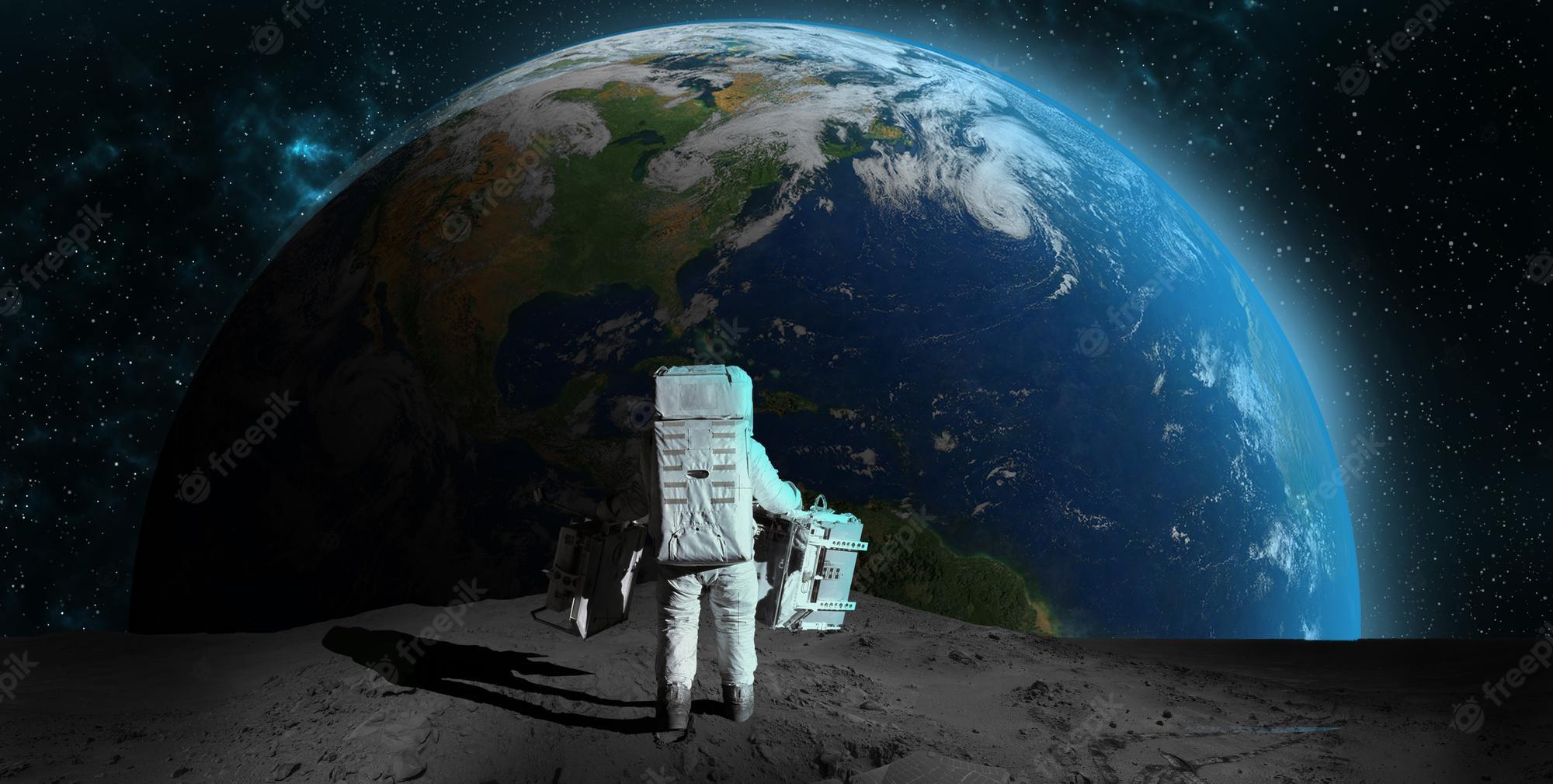 2000x1010 Premium Photo. Astronaut on rock surface moon in space. spacewalk.astronaut standing looking at the earth on lunar moon landing mission.nebula, sun, planet.elements of this image furnished by nasa.3D illustration