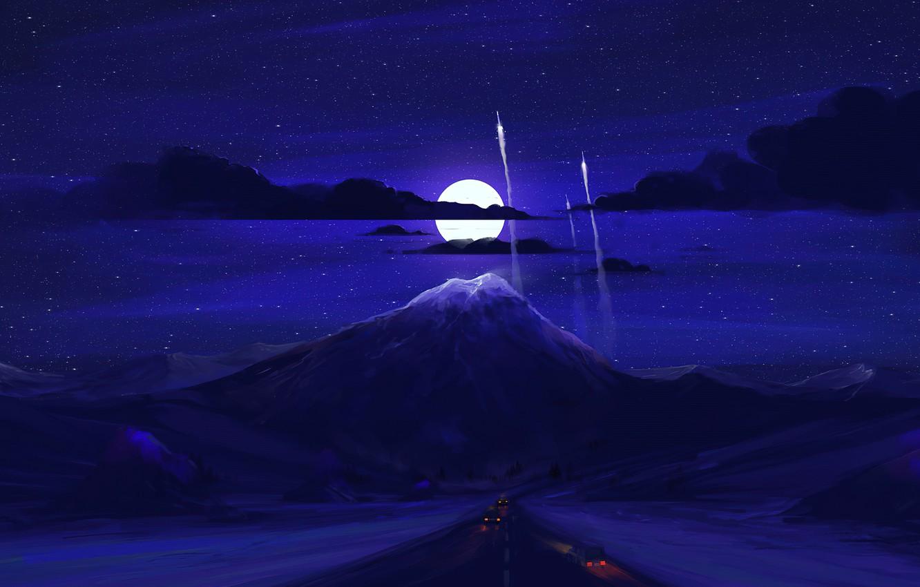 1332x850 Wallpaper car, space, moon, digital, nature, blue, retro, art, romantic, neon, landscape, Ultrawide, retro futurism, amoled, digital artwork, 7680x4320 image for desktop, section пейзажи
