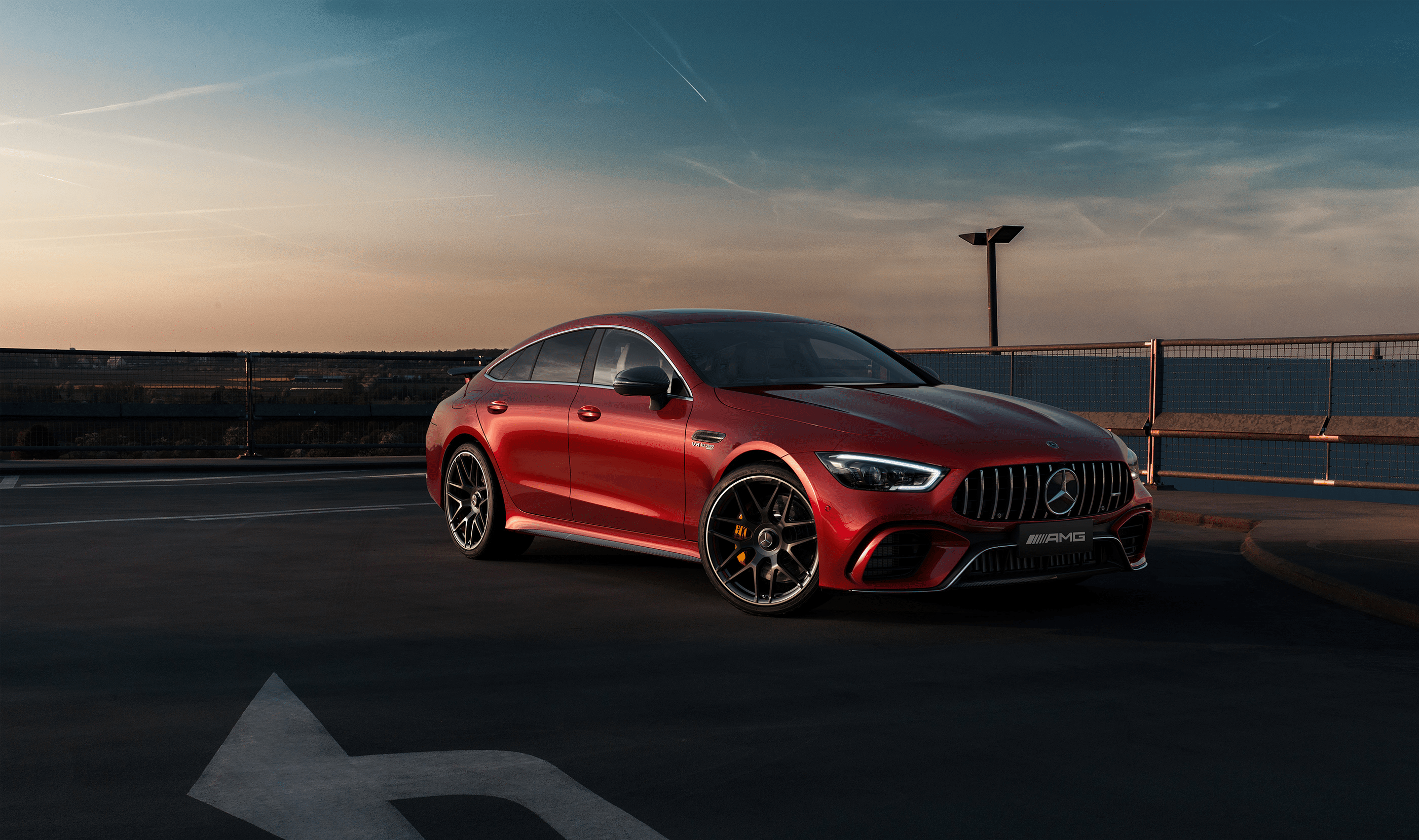 2800x1658 Wallpaper / Car, Red Cars, Photography, Contrails, Sports Car, Mercedes AMG GT 4 Door, Mercedes Benz, Skyline, Railings Free Download