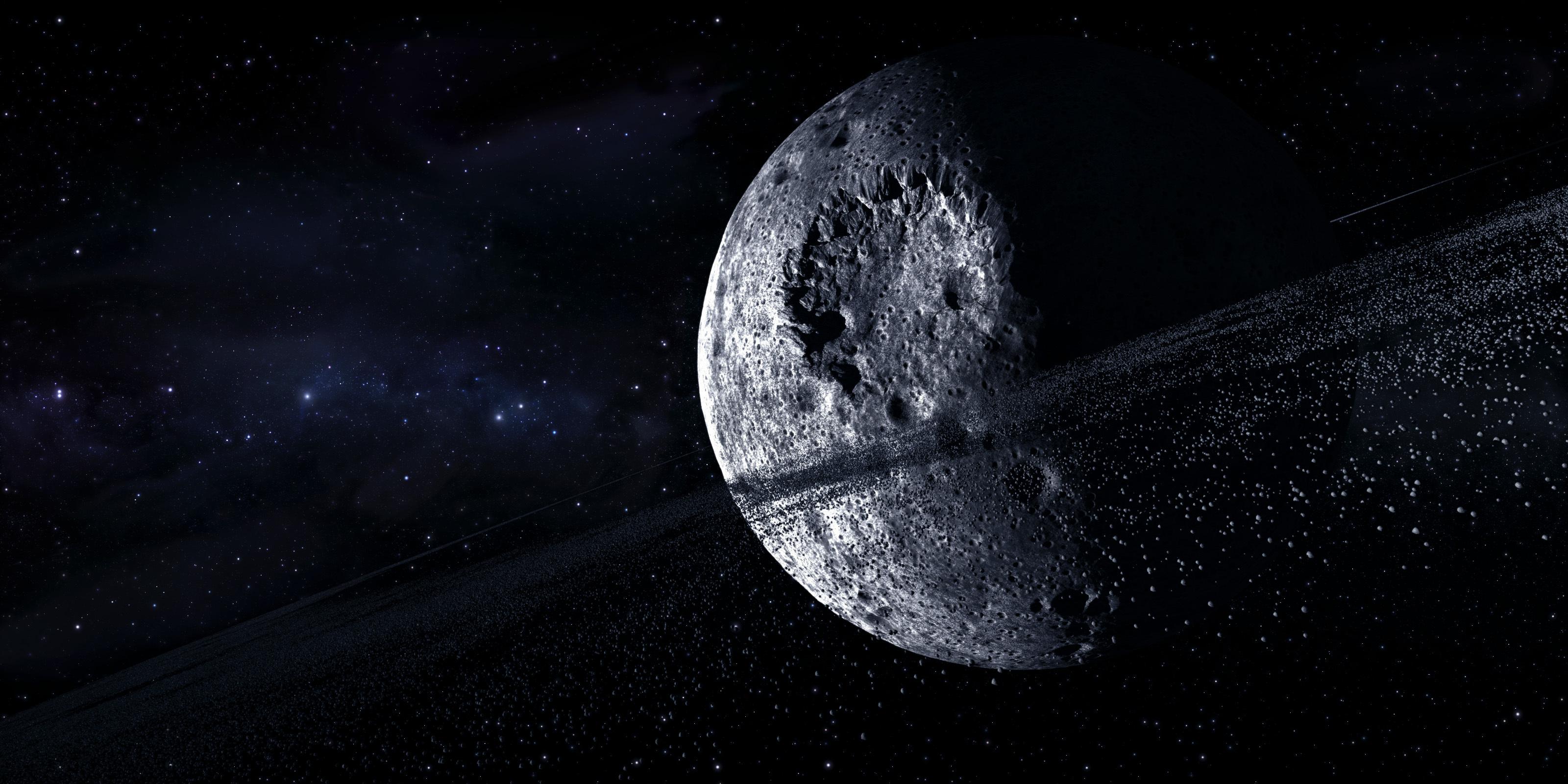 3200x1600 Download wallpaper space, stars, planet, asteroids, ring, craters, multi monitors, section space in resolution 3200x1600
