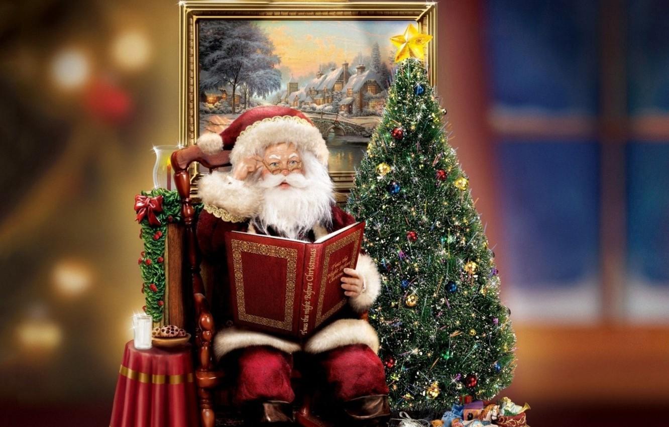 1332x850 Wallpaper decoration, holiday, gift, tree, candle, picture, Christmas, book, tree, christmas, Santa Claus, figure, Thomas Kinkade, gift, Thomas Kinkade, Christmas image for desktop, section новый год