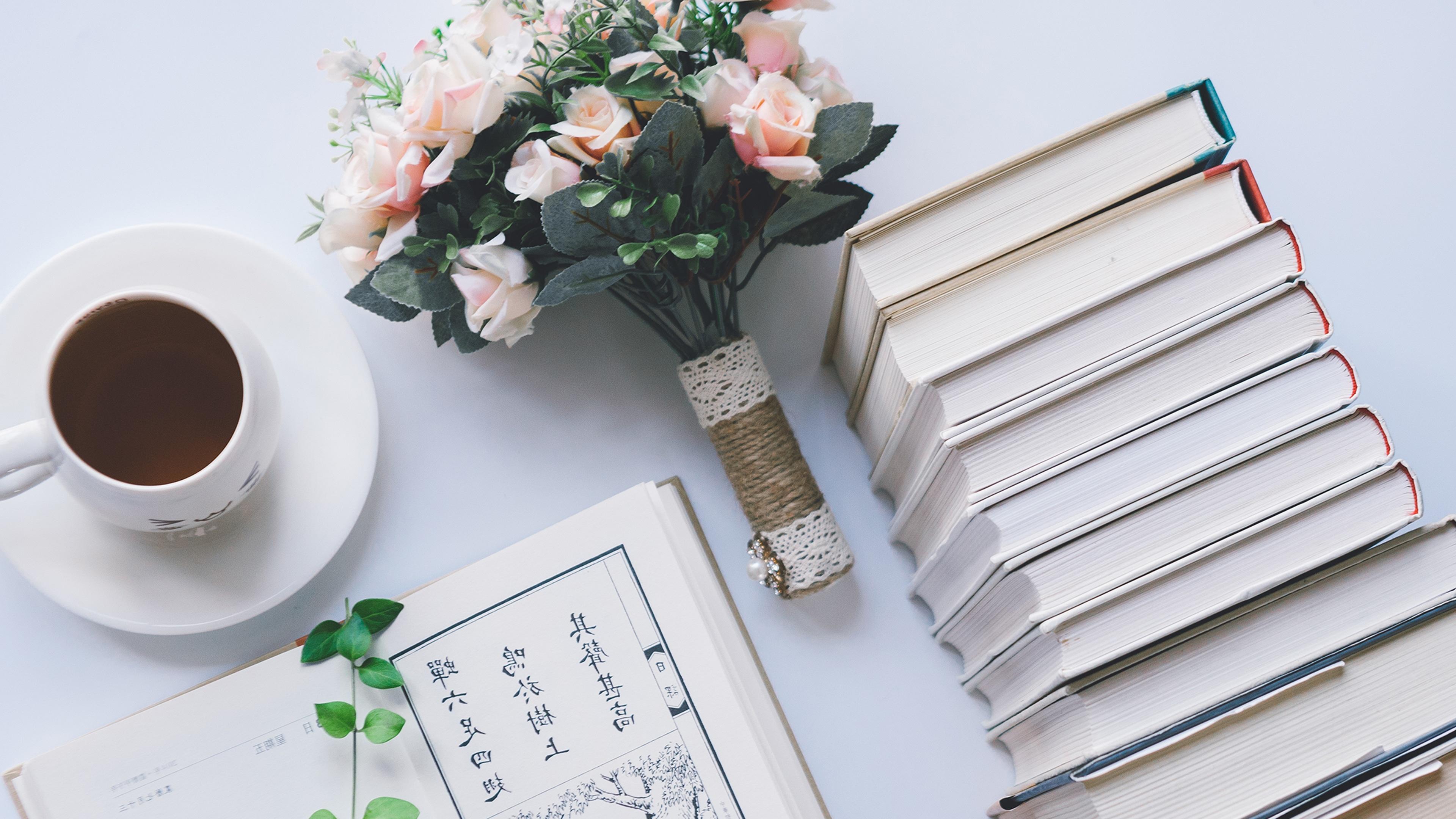 3840x2160 Wallpaper / coffee, coffee cup, flowers, books free download
