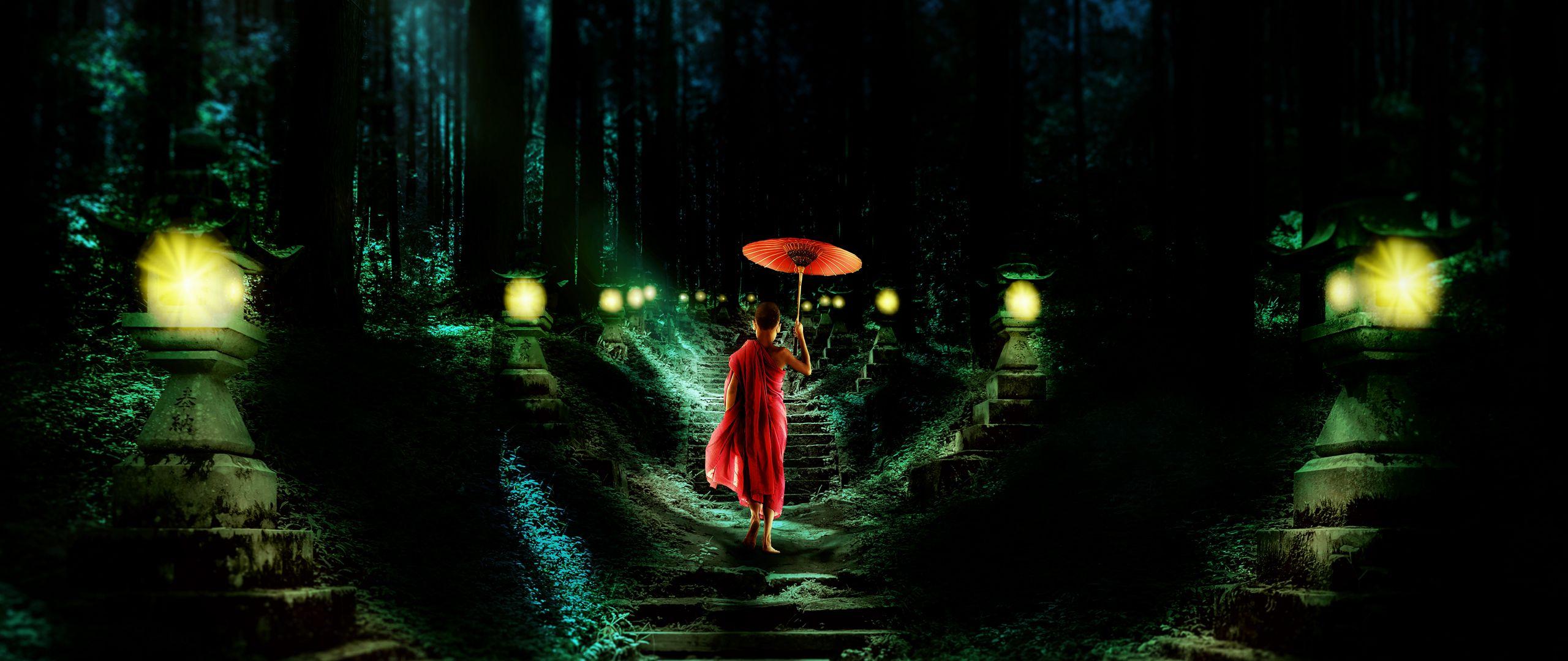 2560x1080 Download wallpaper 2560x1080 boy, monk, stairs, night, child, umbrella, buddhism dual wide 1080p HD background