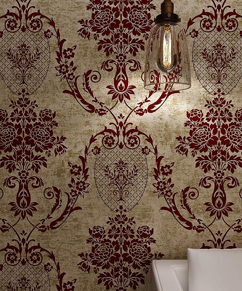 833x1000 kengbi Easy to Decorate Popular Lasting Wallpaper Bronze Golden Burgundy Vintage Classic Retro Damask Velvet Flocking Wallpaper (Color : Burgundy, Dimensions : 5.3 Square Meter) : Tools & Home Improvement