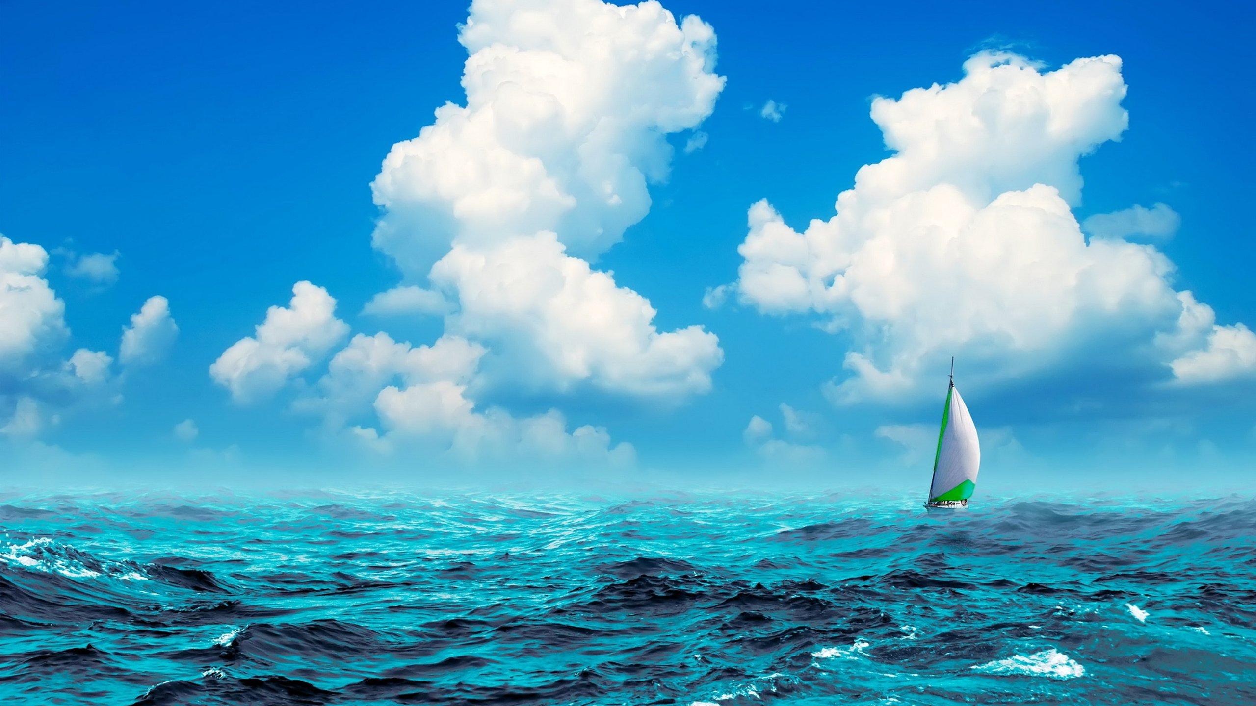 2560x1440 Sea blue sky boat clouds wallpaperx1440