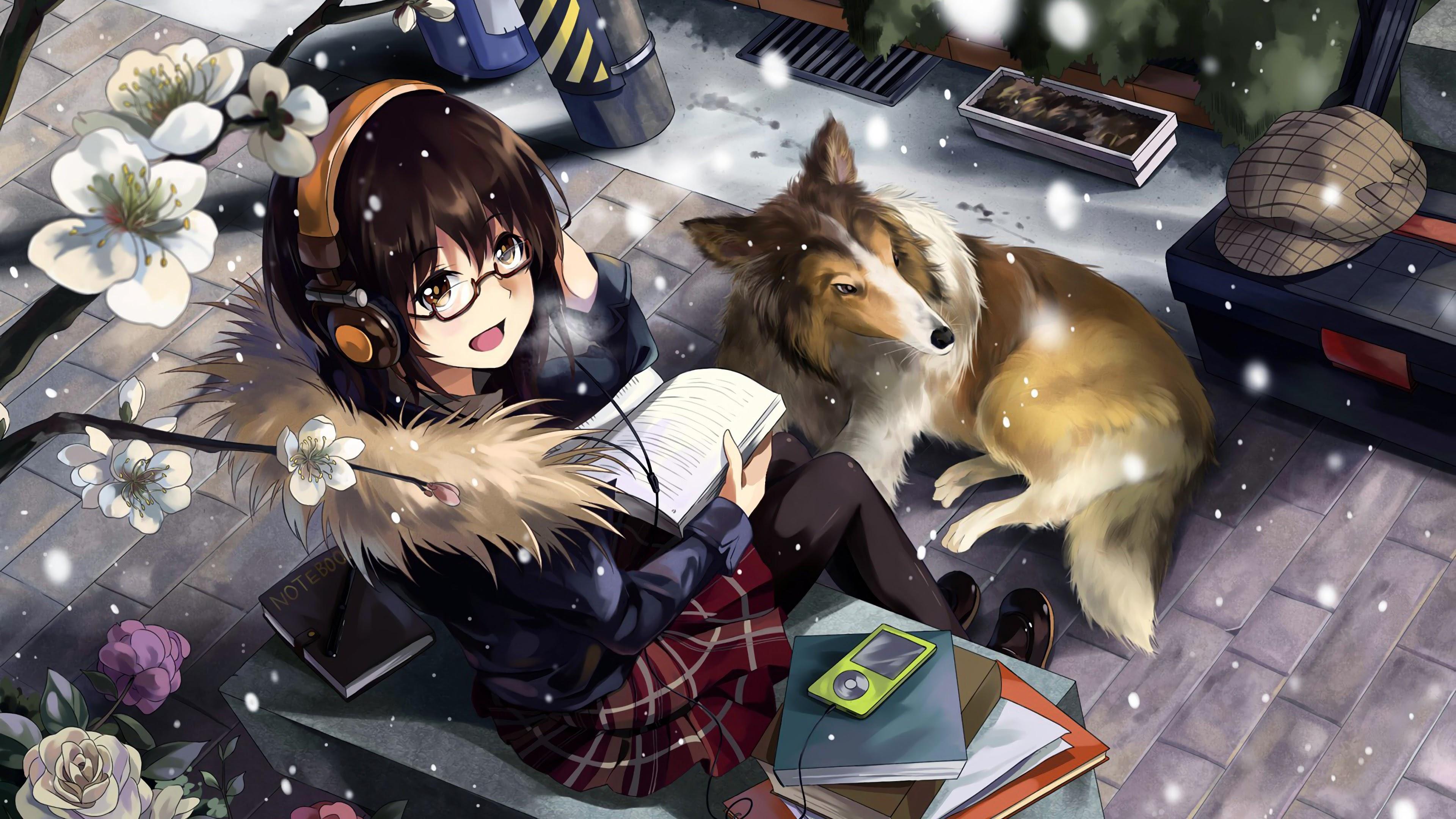 3840x2160 Anime Girl Snowing Dog 4K Wallpaper