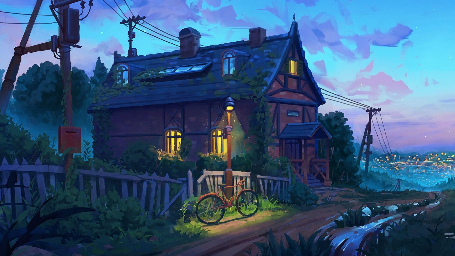 1920x1080 Download wallpaper 1920x1080 house, evening, bike, art, river, clouds full hd, hdtv, fhd, 1080p HD background. Digital painting, Art wallpaper, Painting wallpaper