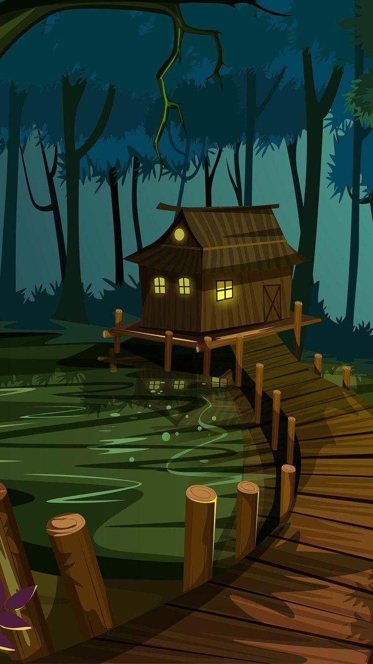 736x1308 Shack in the swamp house. Cartoon forest and house with a boardwalk digital art. Fantasy art landscapes, House cartoon, Landscape wallpaper