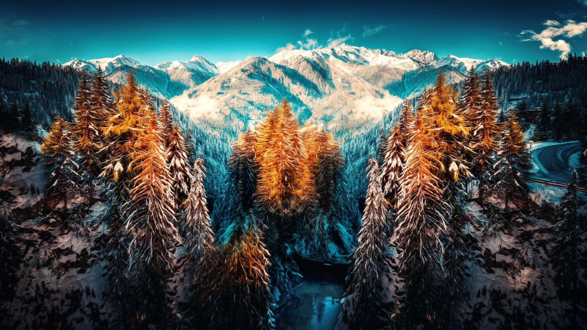 2048x1152 Snow Landscape Mountains Trees Forest 5k 2048x1152 Resolution HD 4k Wallpaper, Image, Background, Photo and Picture