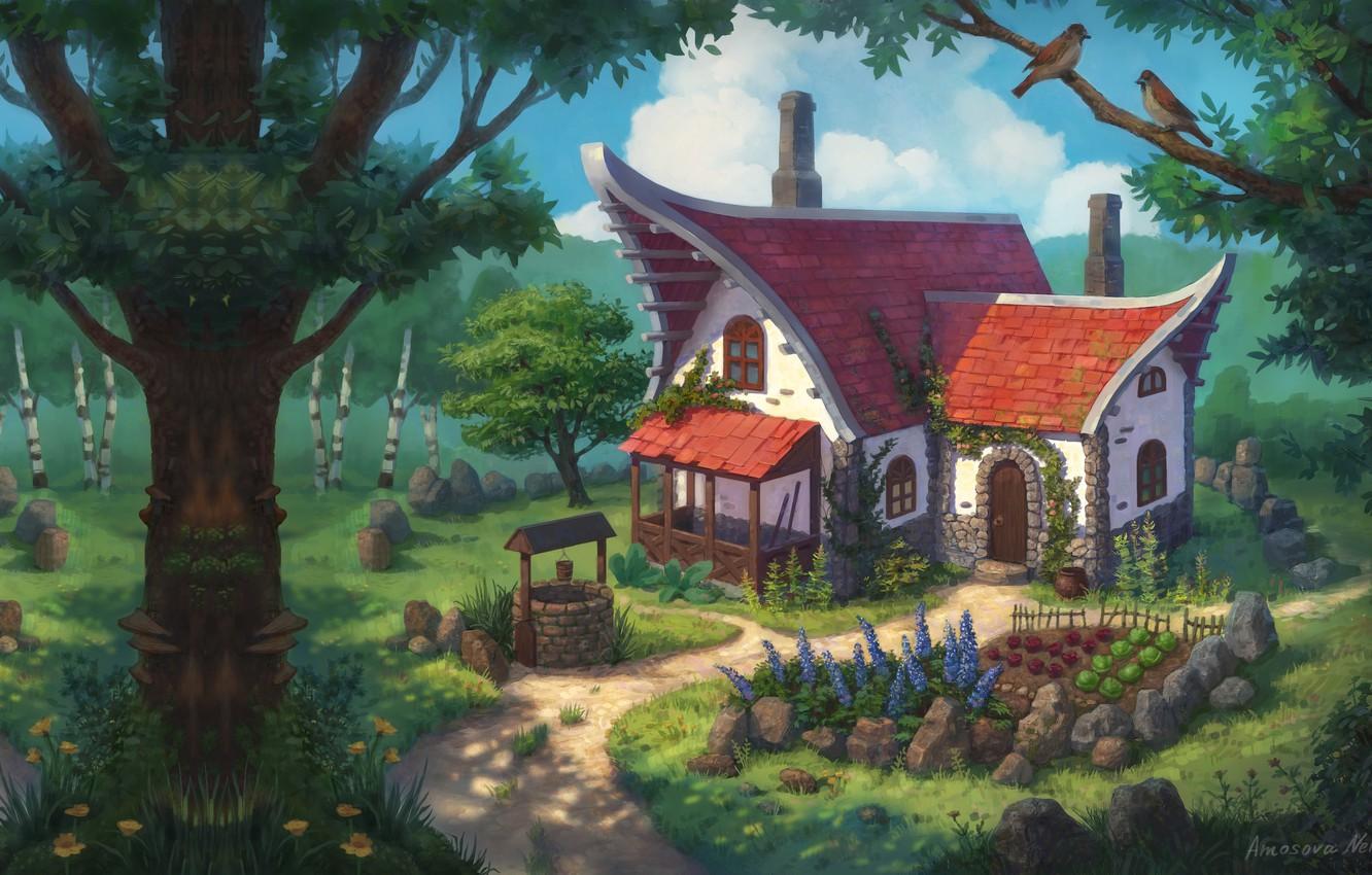 1332x850 Wallpaper forest, fantasy, art, house, the garden, children's, Nelly Amosova, Fantasy sketch image for desktop, section арт