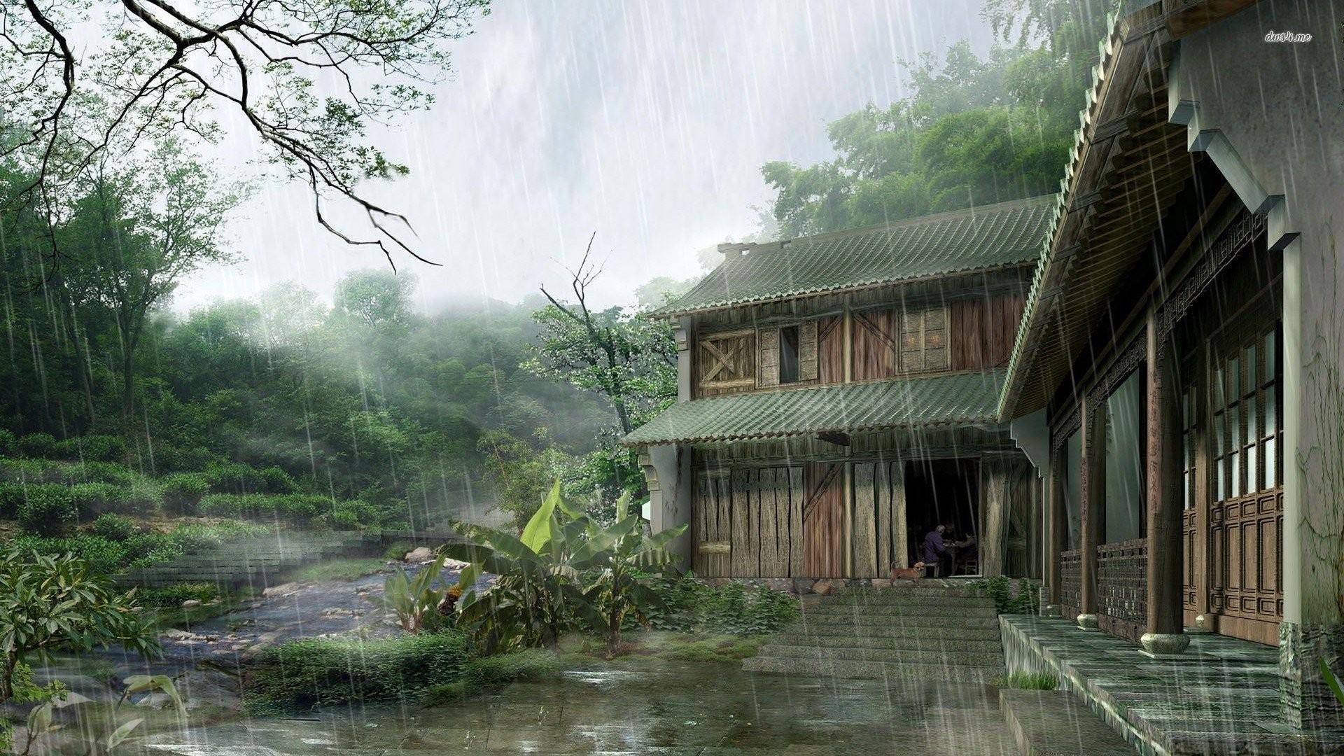 1920x1080 fantasy art, Artwork, Pixelated, Digital art, House, Trees, Plants, Leaves, Window, Rain, China, Stairs Wallpaper HD / Desktop and Mobile Background