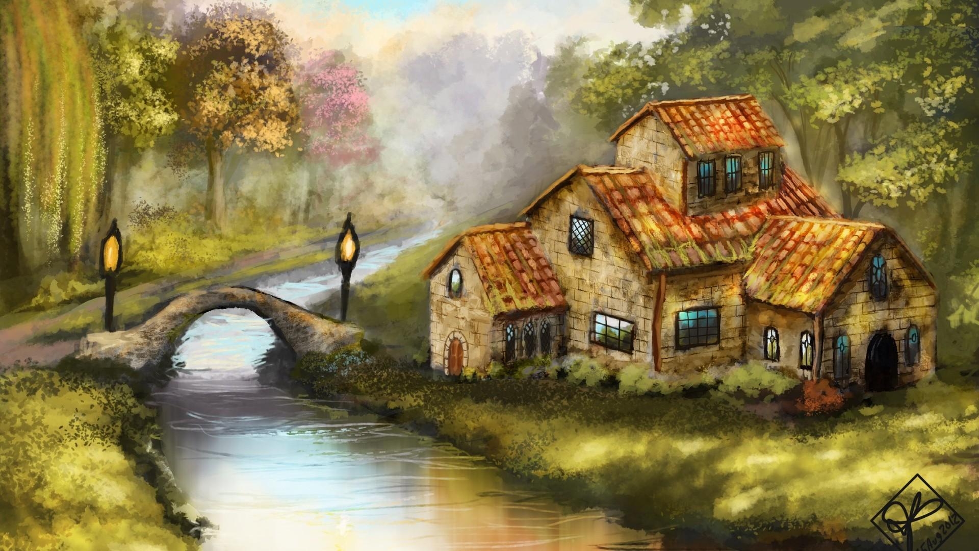 1920x1080 House by the River Art Wallpaper