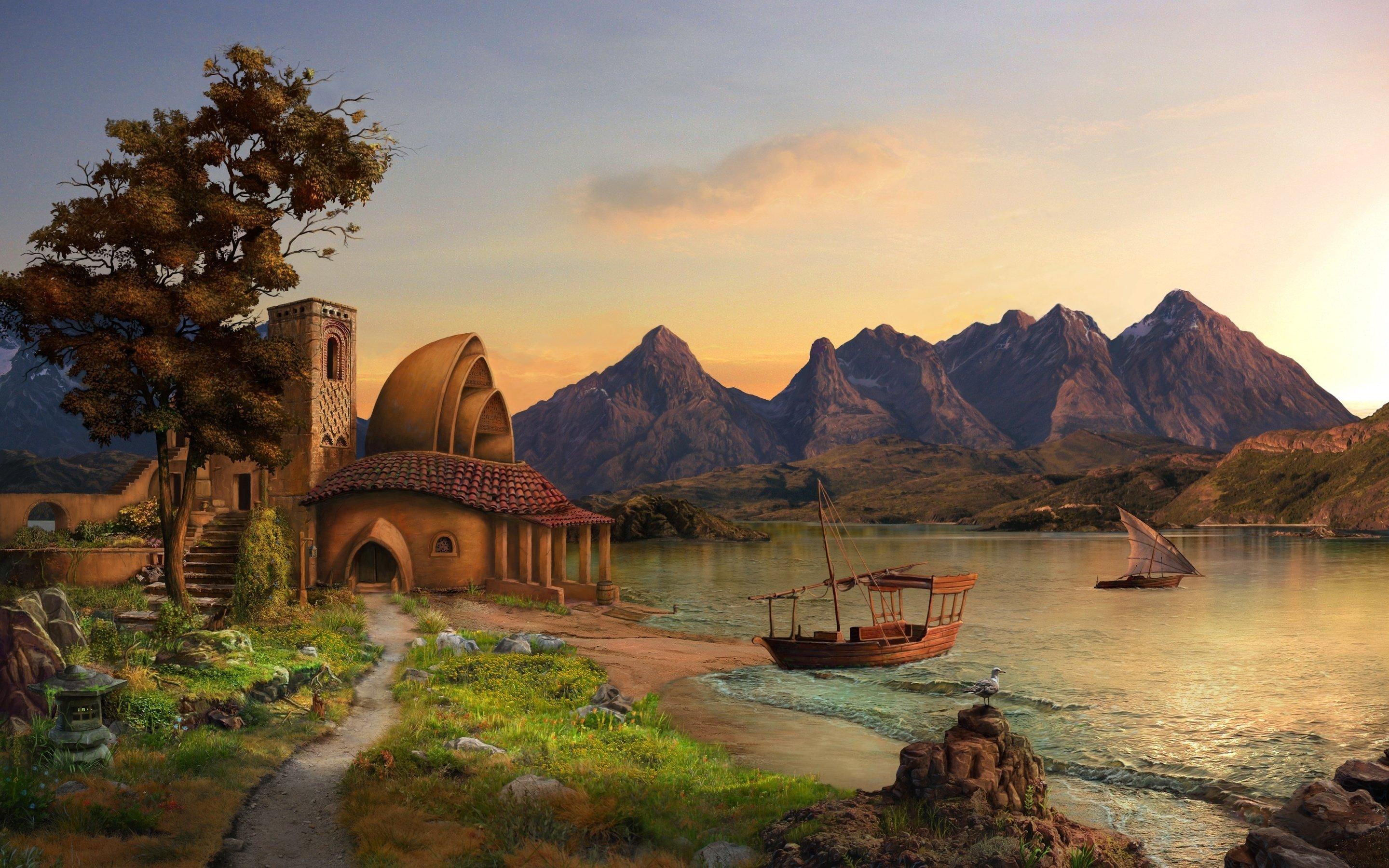 2880x1800 mountains, Sailing, Ships, Max, Antonov, Lake, Art, House Wallpaper HD / Desktop and Mobile Background