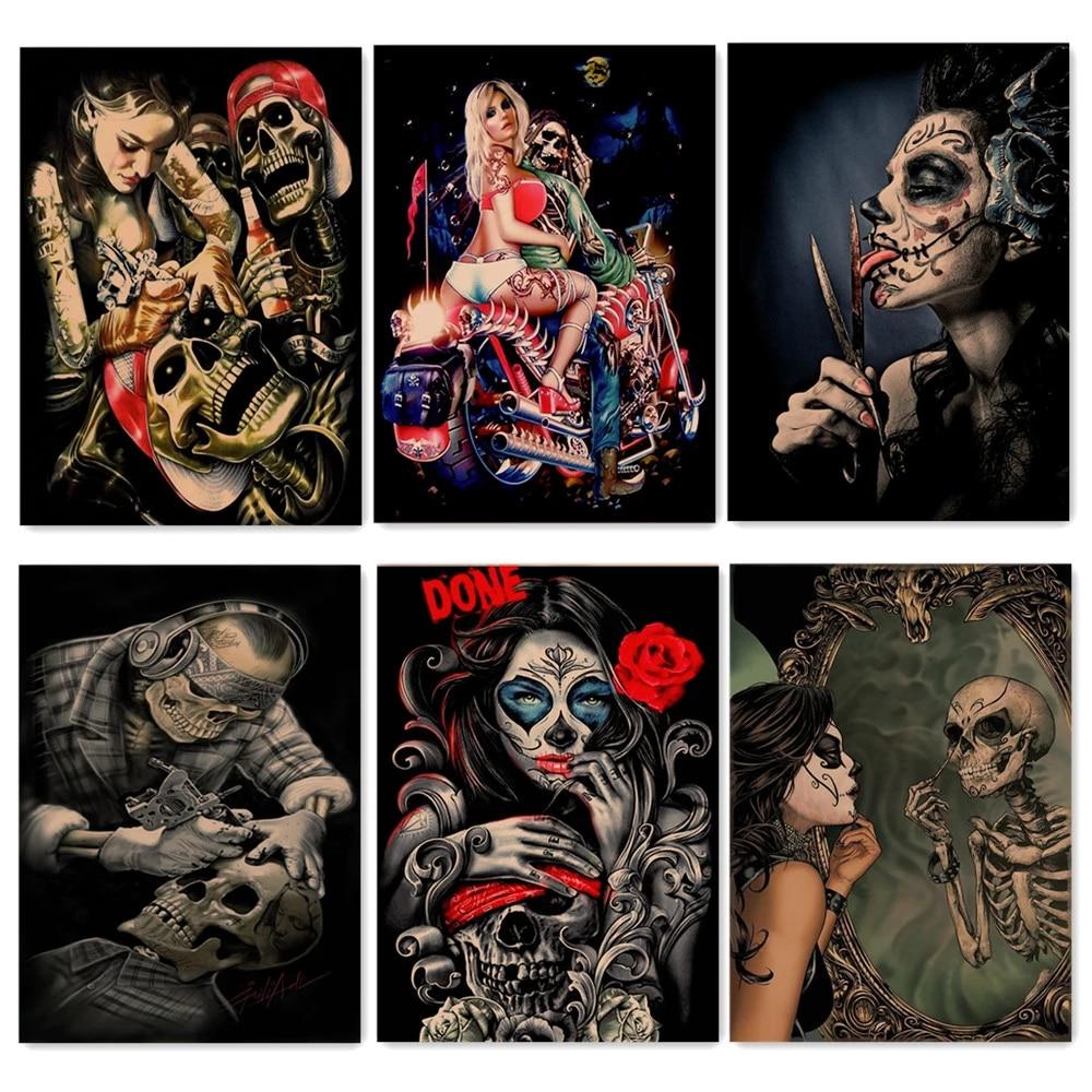 1000x1000 Mix Retro Type Skull Tattoo Poster Wall Art Death Metal Skeleton Wallpaper Vintage Kraft Paper Printed Painting Wall Sticker B2 & Calligraphy