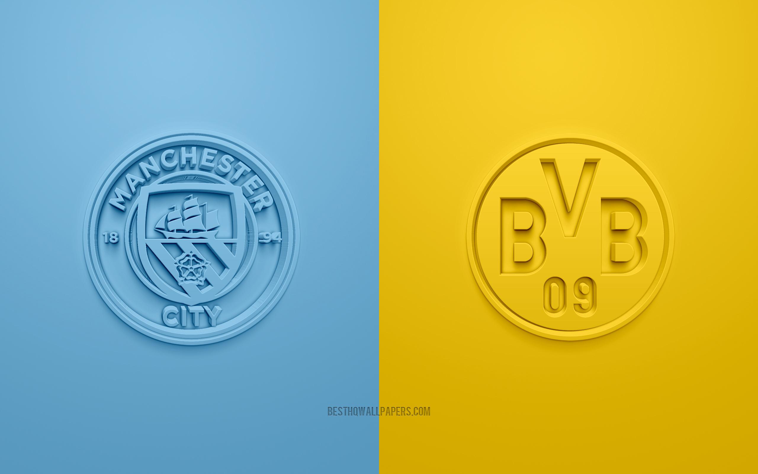 2560x1600 Download wallpaper Manchester City vs Borussia Dortmund, UEFA Champions League, quarterfinals, 3D logos, blue yellow background, Champions League, football match, Borussia Dortmund, Manchester City FC for desktop with resolution 2560x1600. High Quality