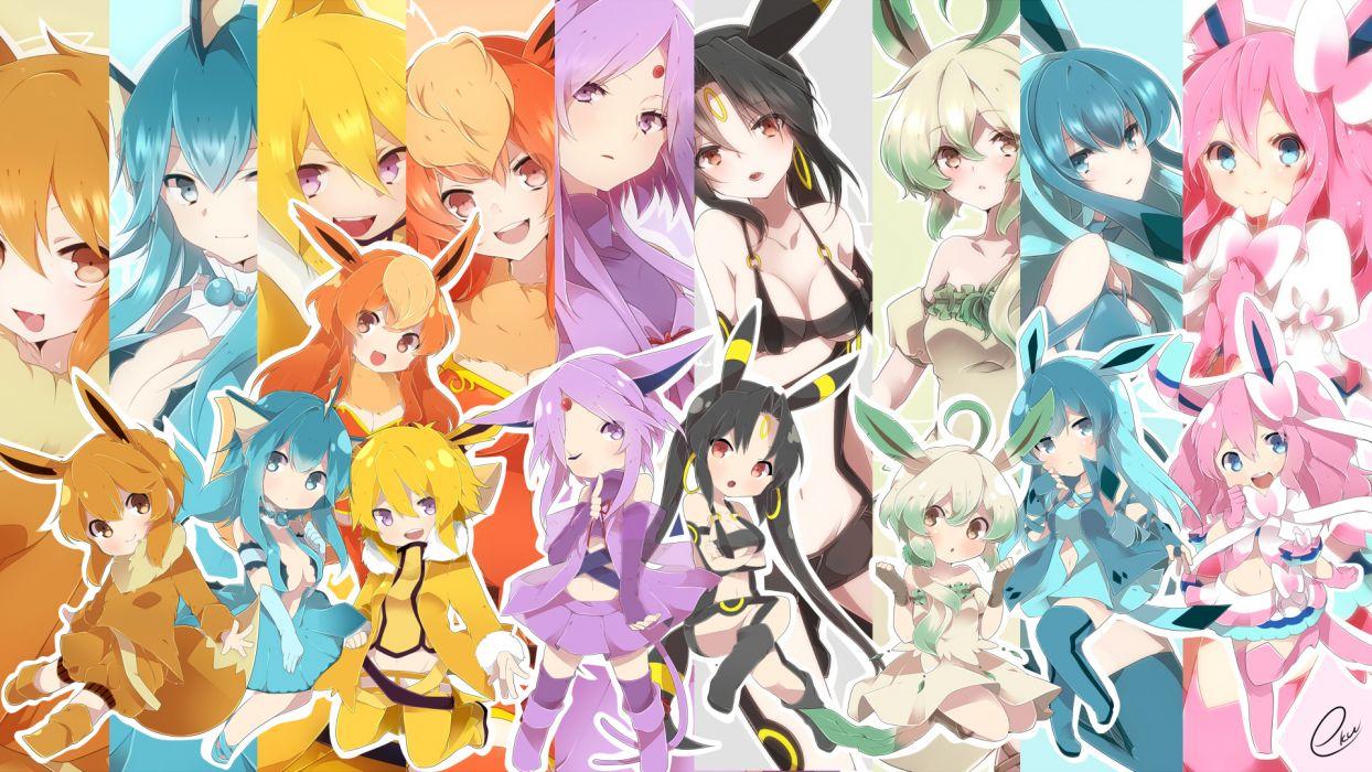 1244x700 Pokemon black hair blue eyes blue hair brown hair chibi eevee espeon flareon glaceon jolteon leafeon pink hair pokemon sylveon thighhighs umbreon vaporeon wallpaperx1080