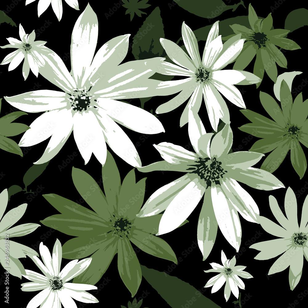 1000x1000 Design of abstract wildflowers on a dark background. Flowering garden. Seamless pattern of elegant white flowers. Floral light green background for textile, fabric, wallpaper, covers, print. Stock Vector