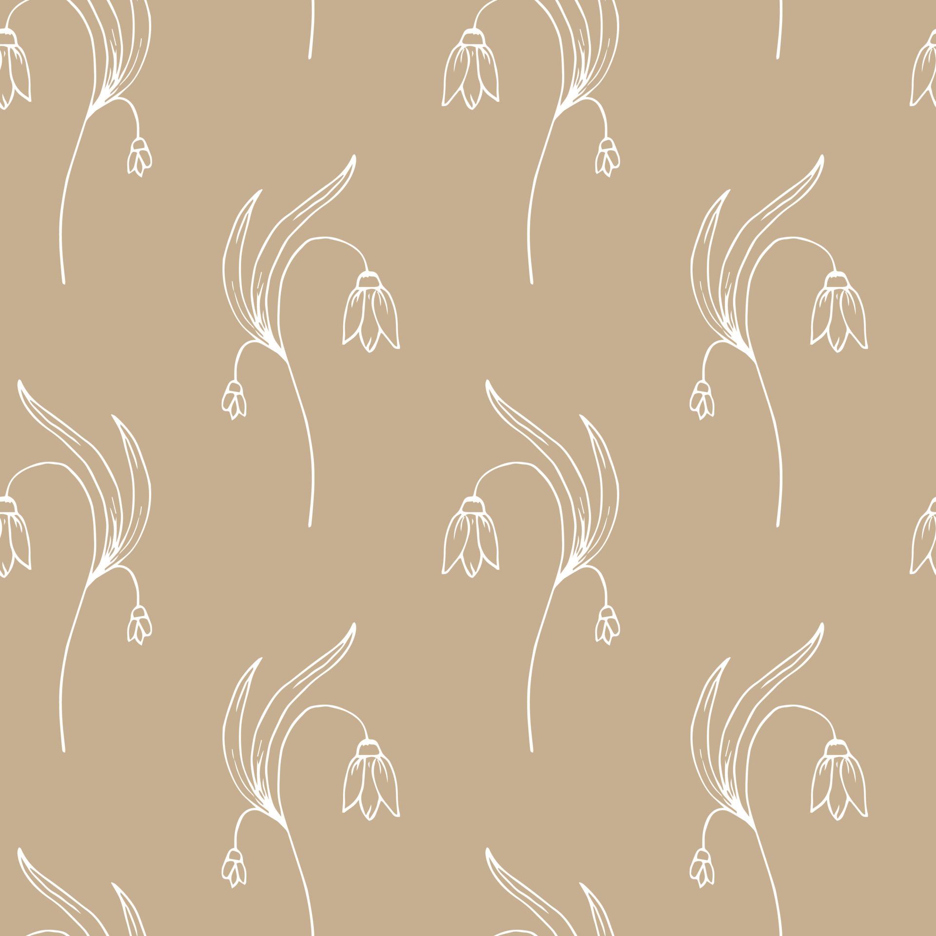 1920x1920 Seamless pattern, hand drawn outline flowers in doodle style. Beige, brown, white colors. Print, textile, bedroom and kitchen decor, wallpaper