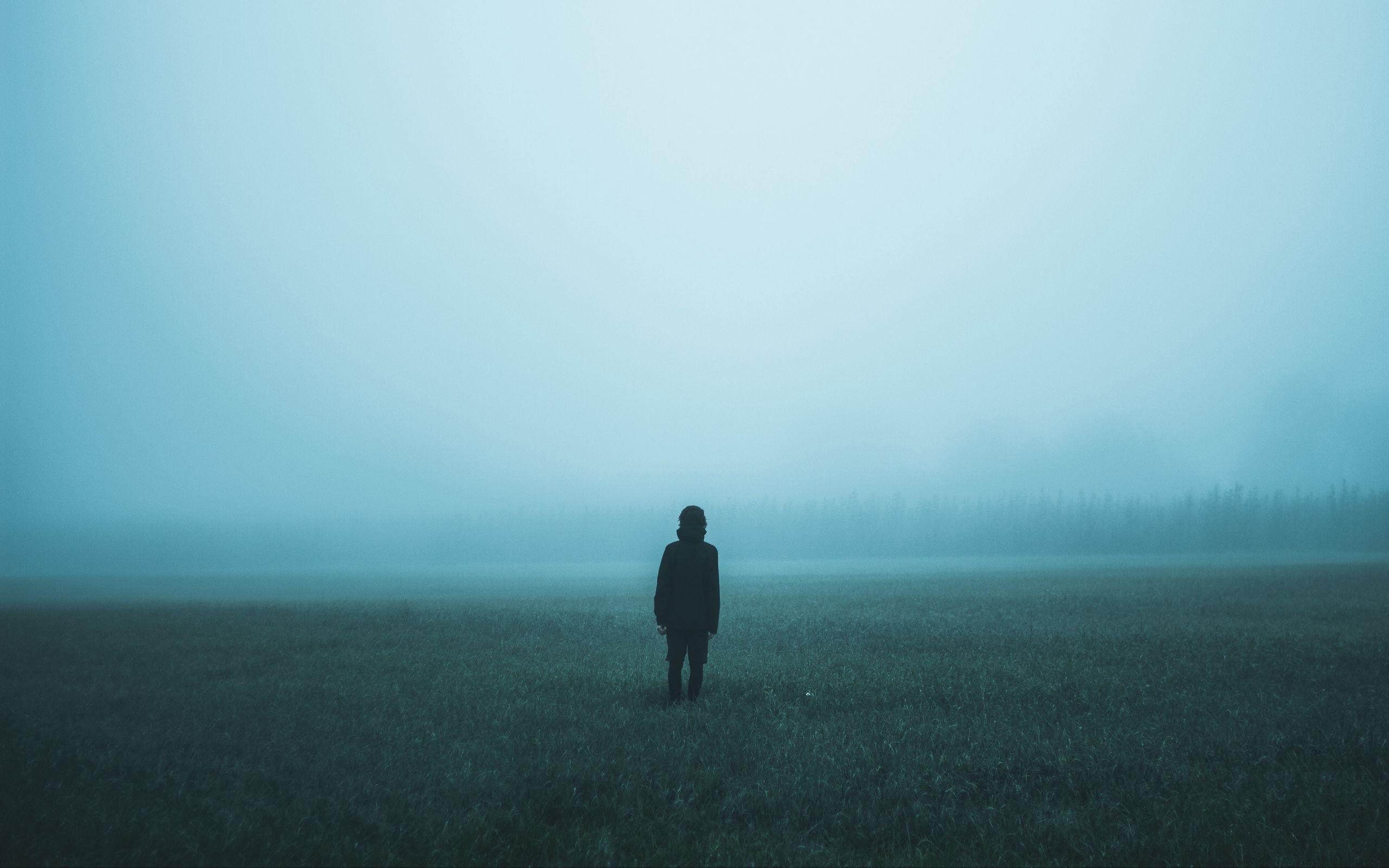 2560x1600 Download wallpaper 2560x1600 field, fog, man, loneliness widescreen 16:10 HD background