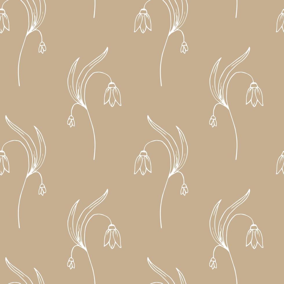 980x980 Seamless pattern, hand drawn outline flowers in doodle style. Beige, brown, white colors. Print, textile, bedroom and kitchen decor, wallpaper