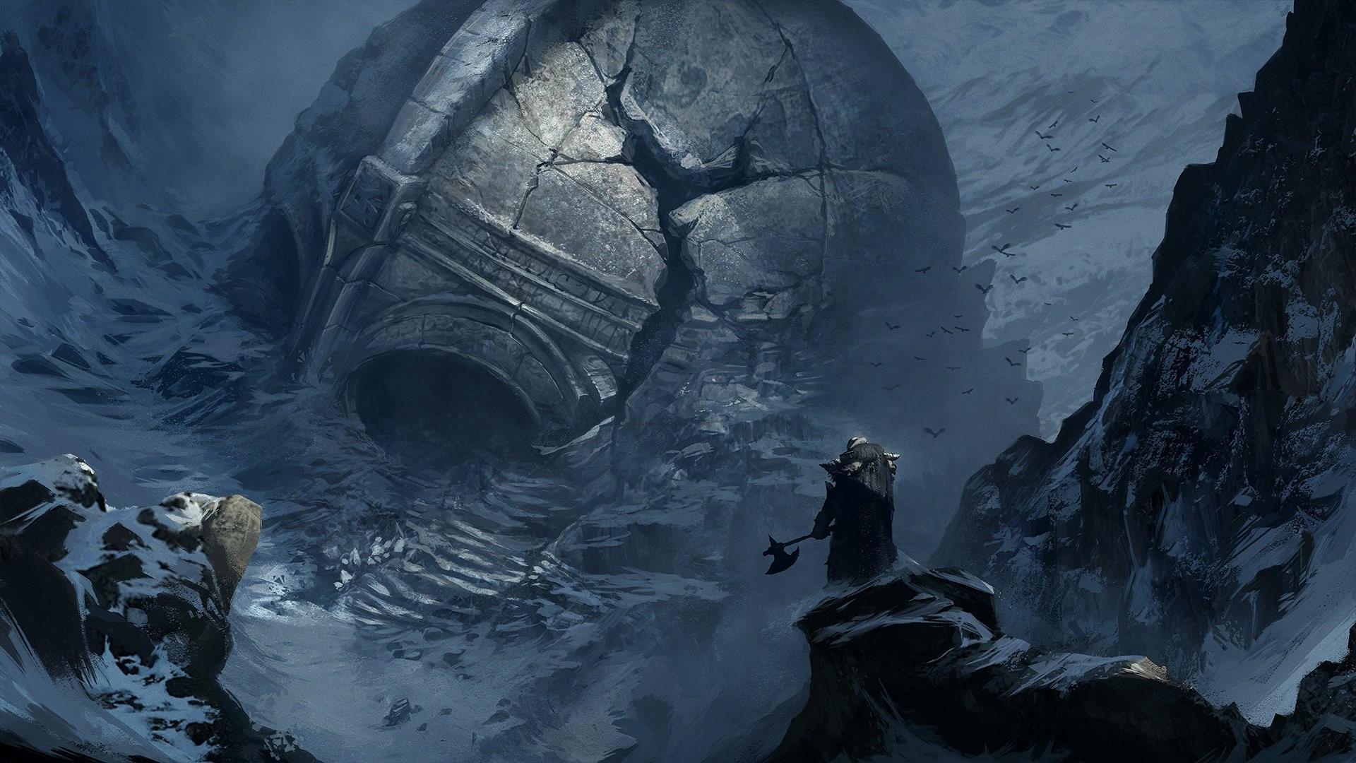 1920x1080 Wallpaper / artwork, fantasy art, viking, Vikings, helmet, snow, mountains, axes, Axe, statue free download