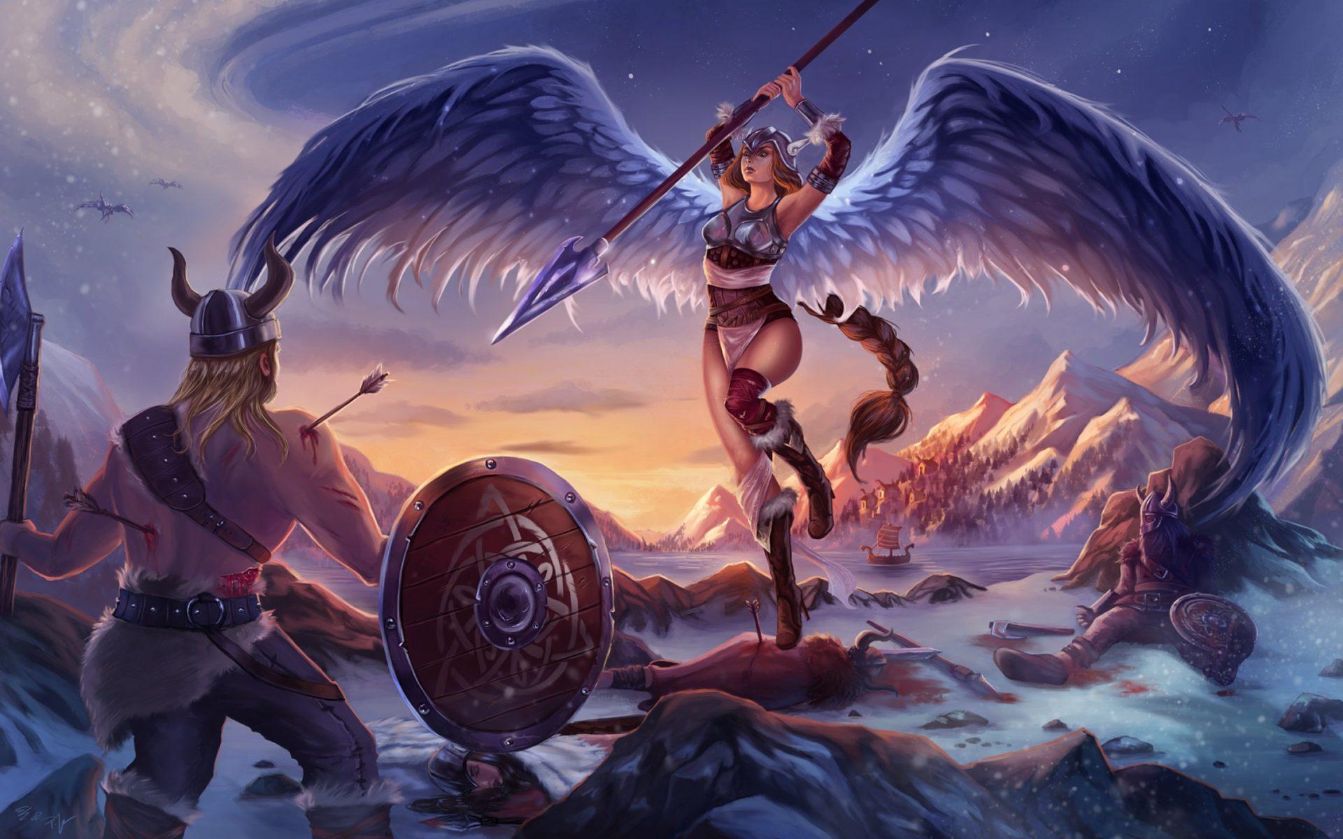 1920x1200 Viking And Girl Fantasy Angel Warrior Battle Art Artwork Art Wallpaper HD 2560x1440 :