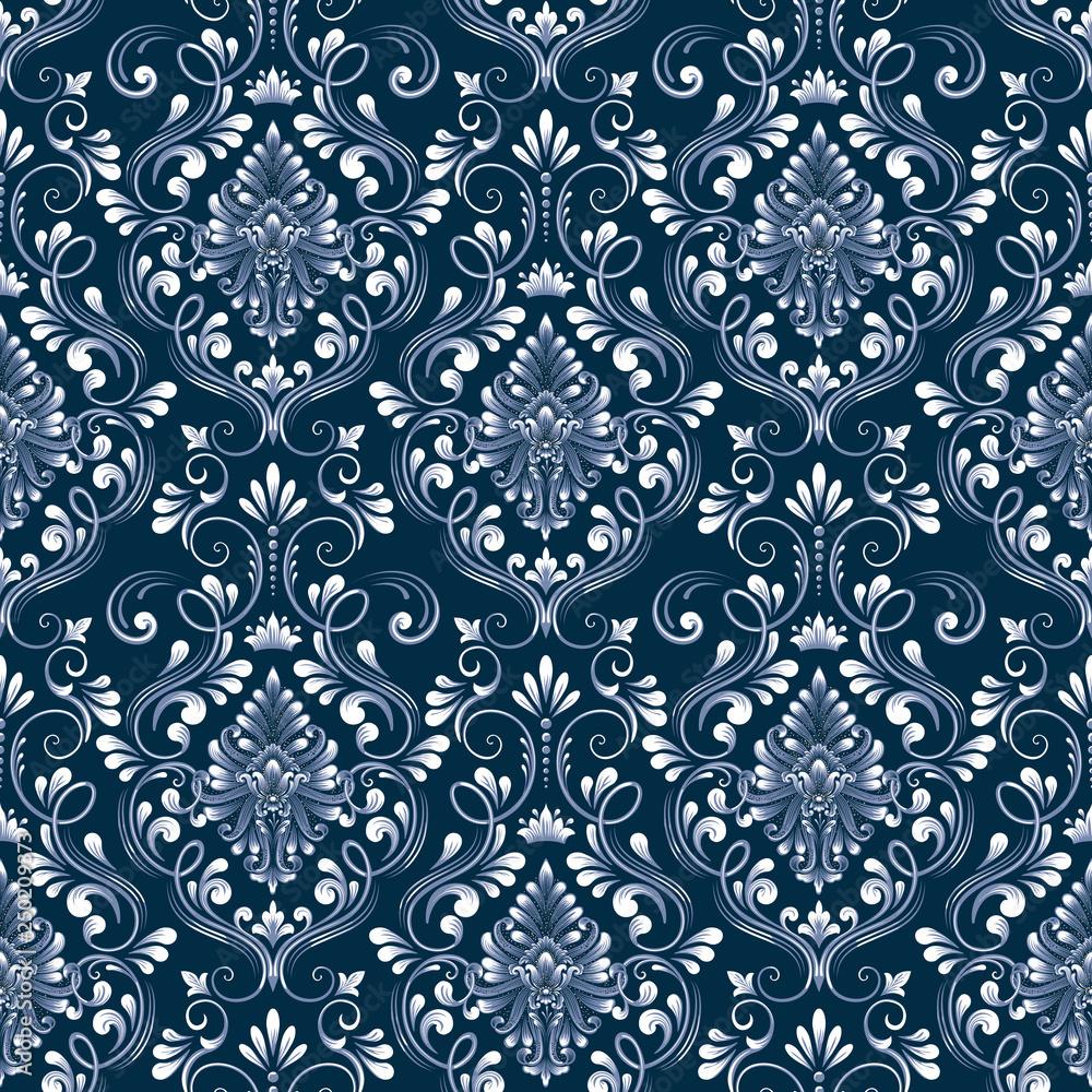 1000x1000 Vector blue damask seamless pattern background. Classical luxury old fashioned damask ornament, royal victorian seamless texture for wallpaper, textile, wrapping. Exquisite floral baroque template. Stock Vector