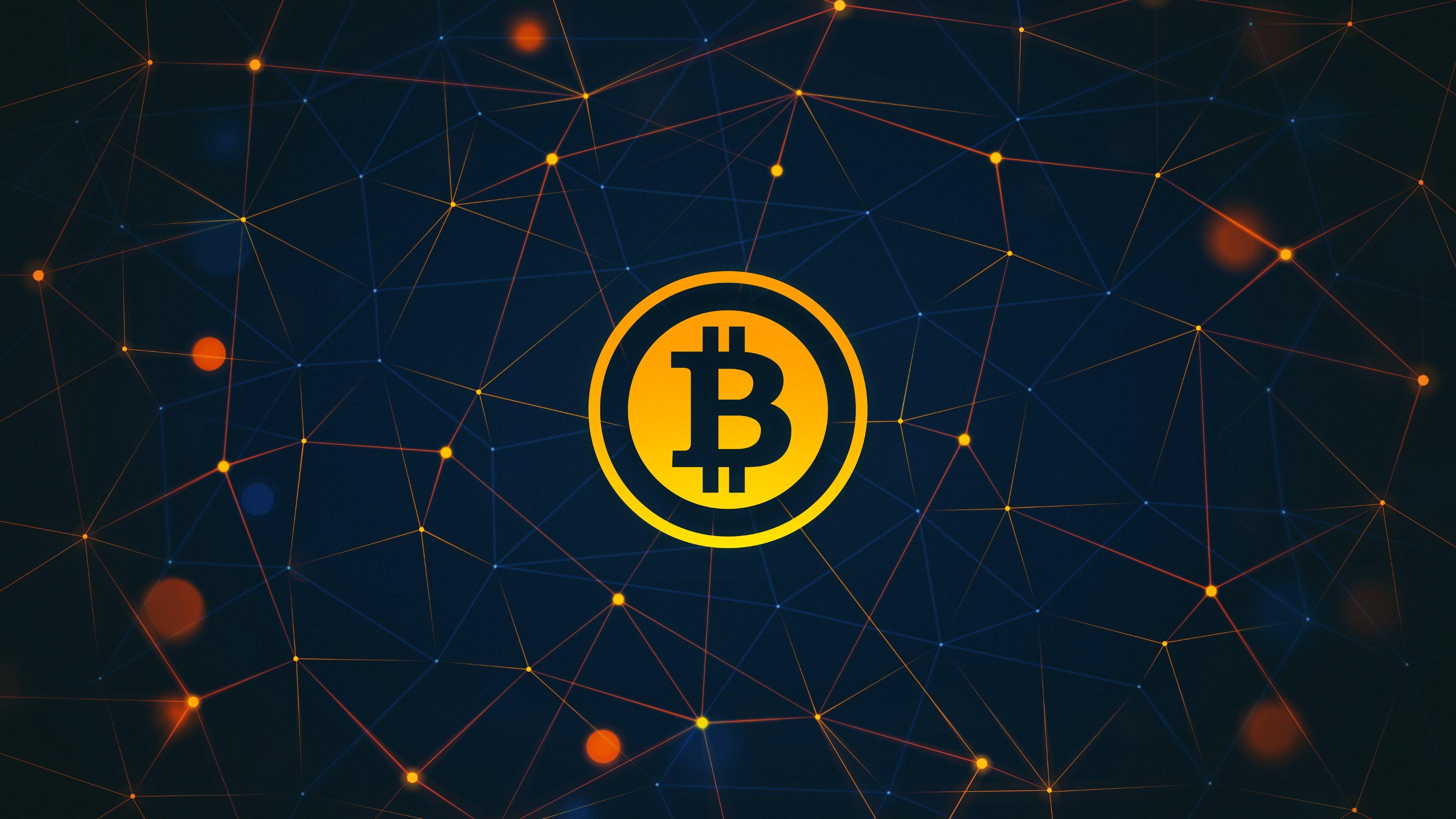 3840x2160 Gold Bitcoin Desktop Wallpaper with Connecting Nodes and Blue