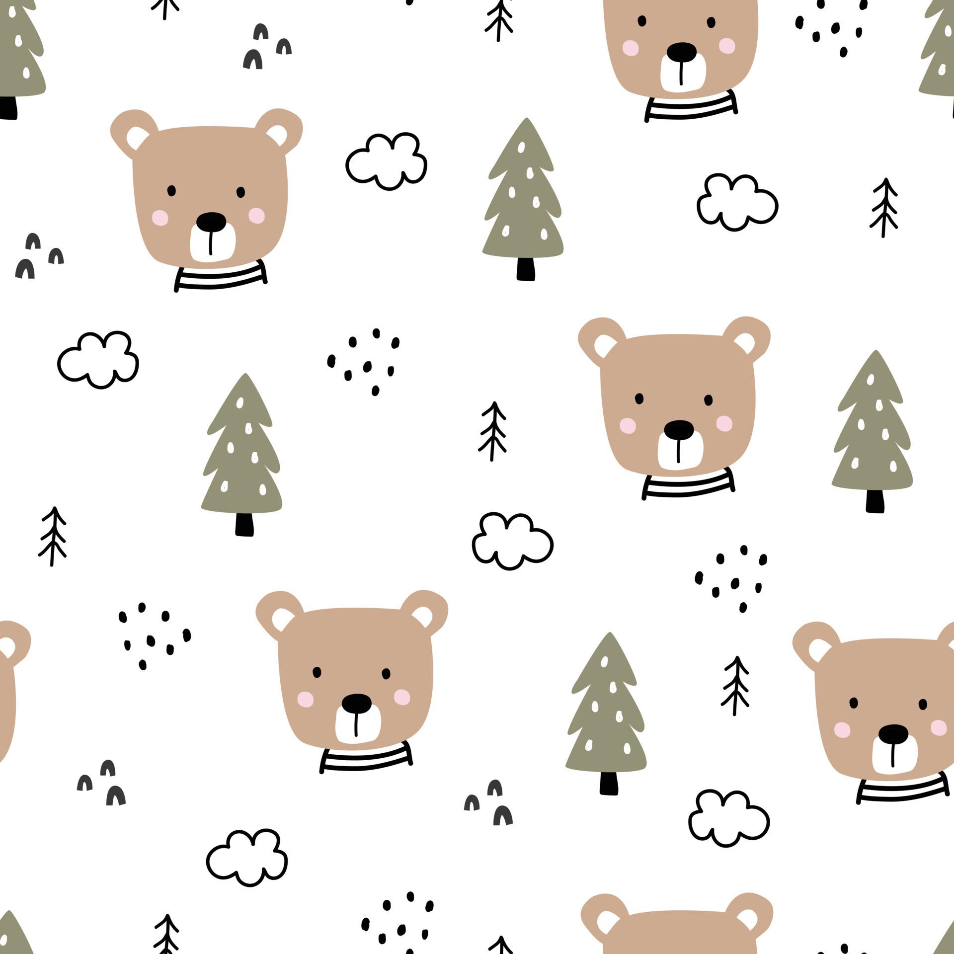 1920x1920 Seamless pattern of faces of brown bears and pines. Hand drawn cartoon animal background in children style Used for printing, wallpaper, decoration, textile vector illustration