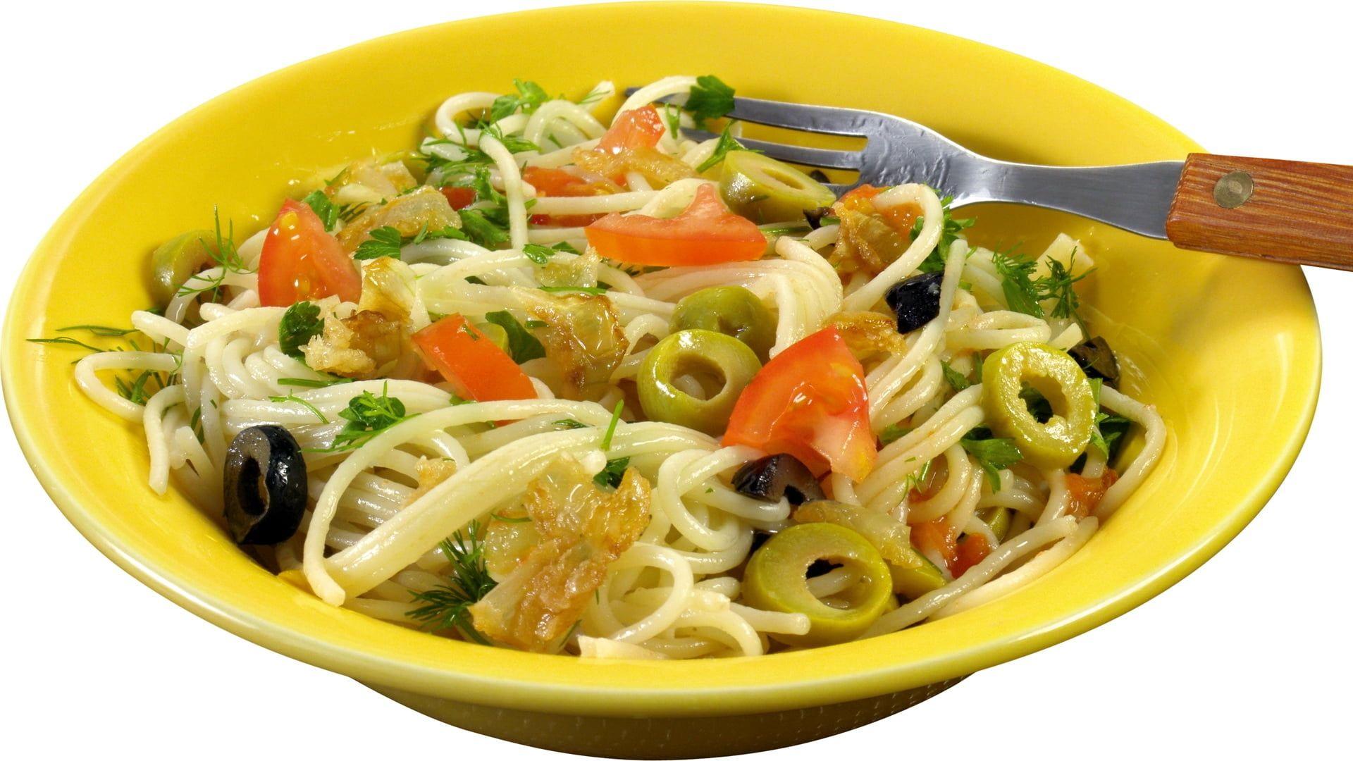 1920x1080 Assorted noodle dish on yellow bowl HD wallpaper
